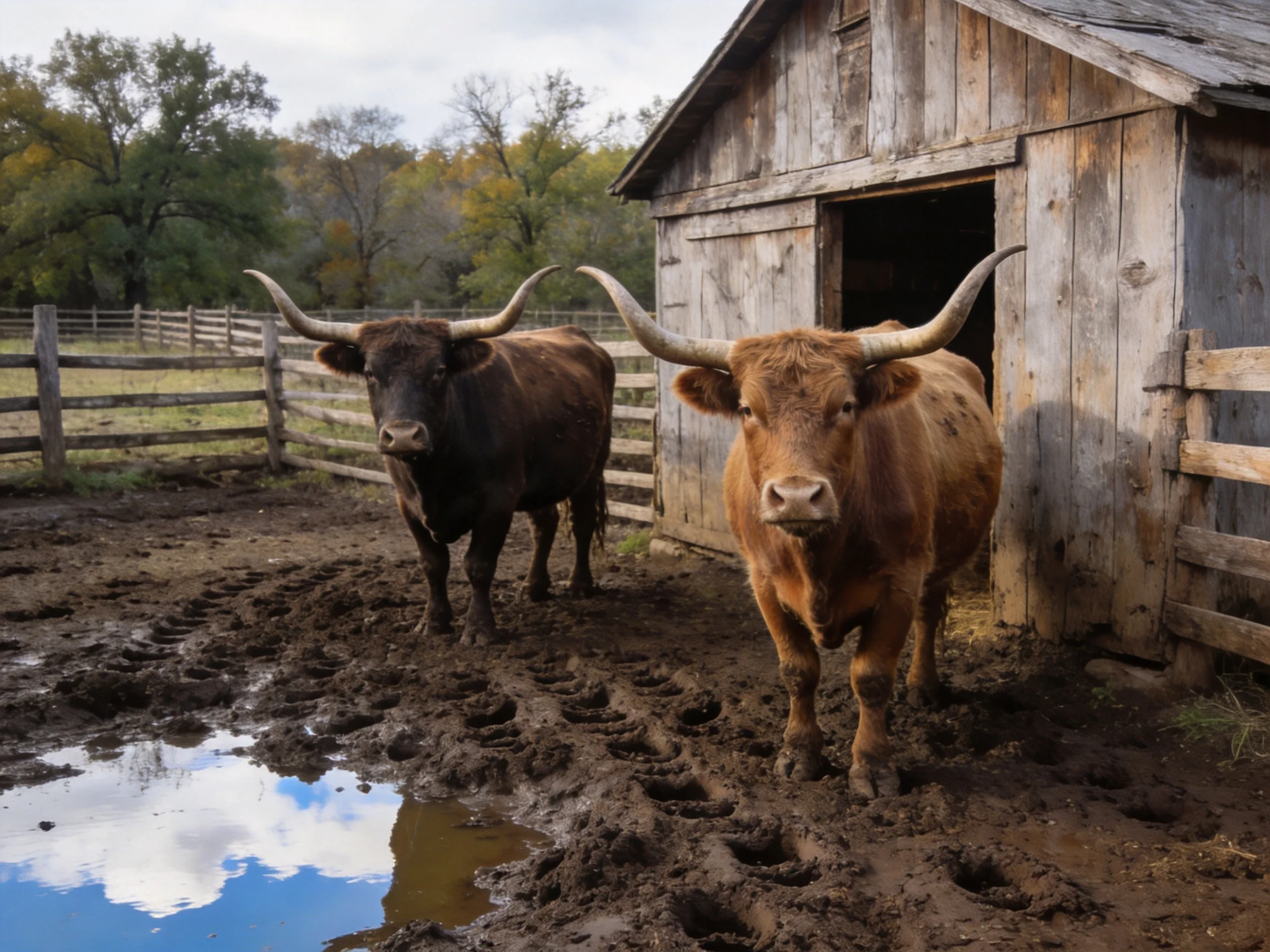 Two brown longhorns near an aged wooden barn by muddy terrain