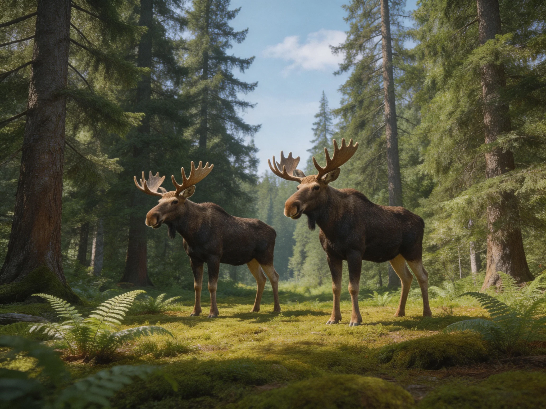 Two brown moose stand amid lush green ferns and tall pine trees