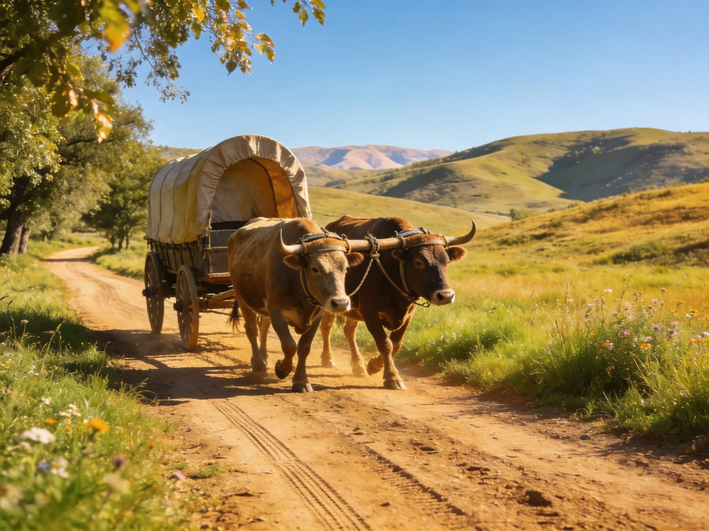 Two brown oxen pull a canvas - covered wagon along a dusty country road