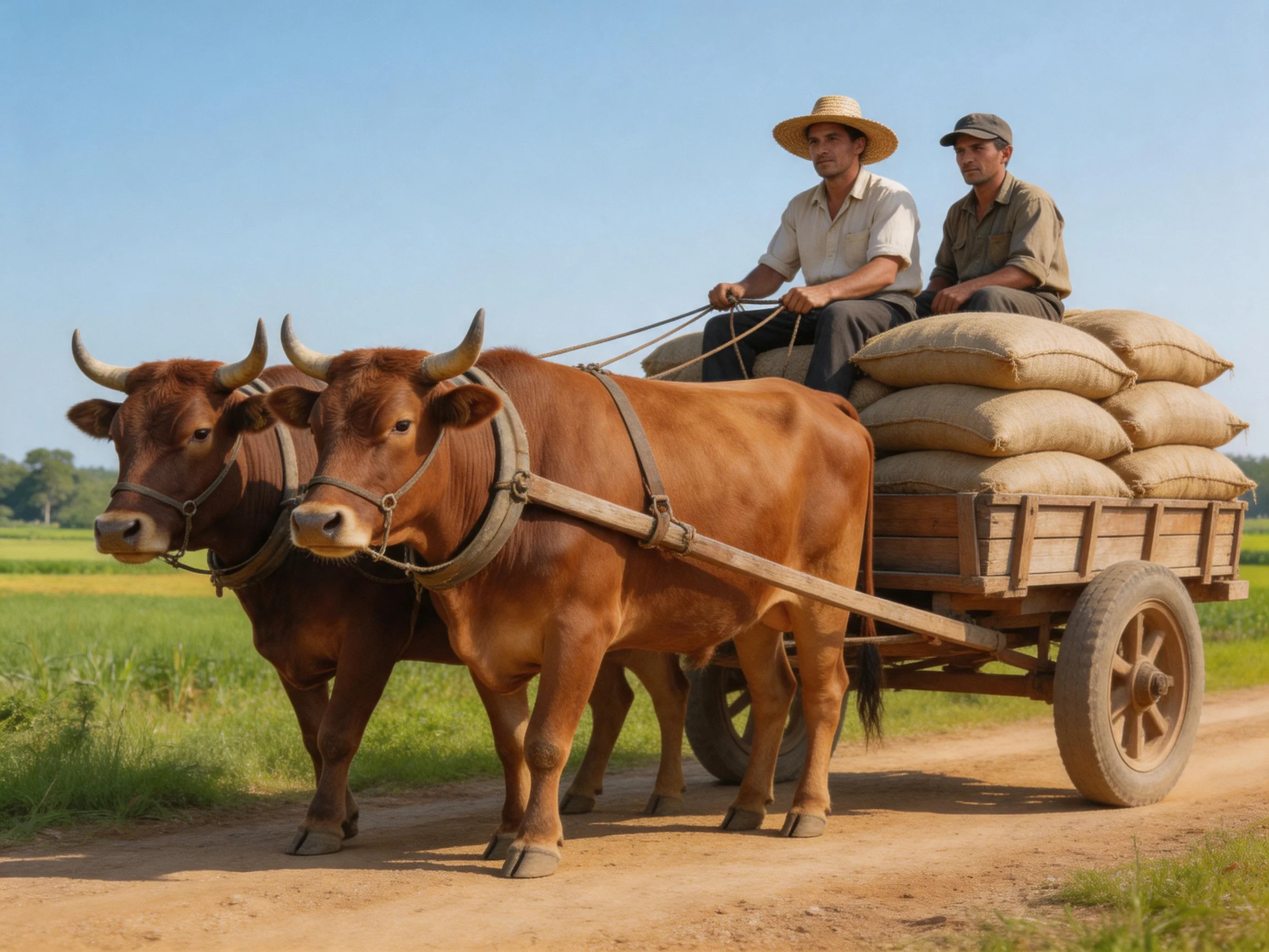 Two brown oxen pull a cart stacked with beige sacks