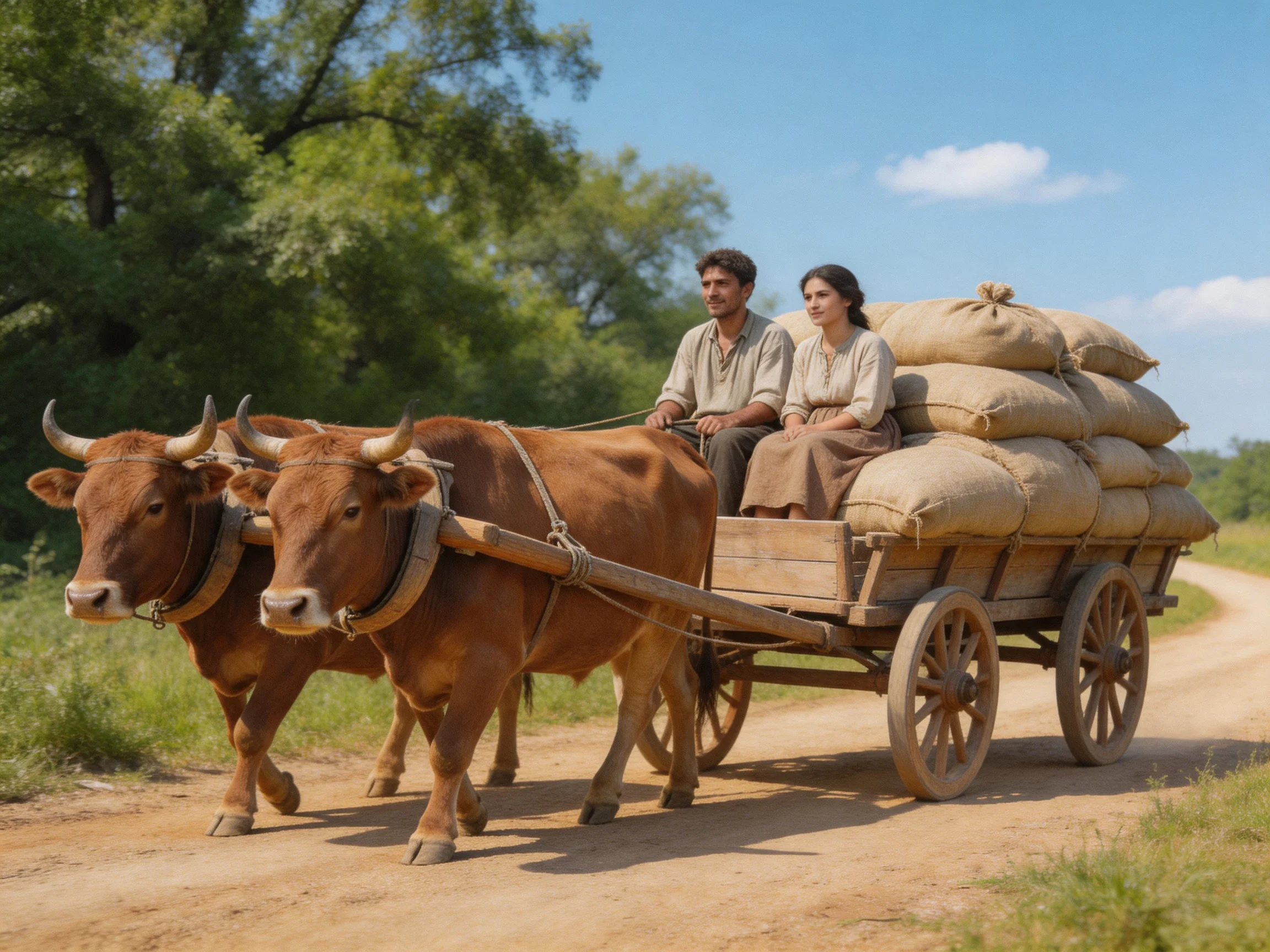 Two brown oxen pull a loaded wooden cart along a dirt road