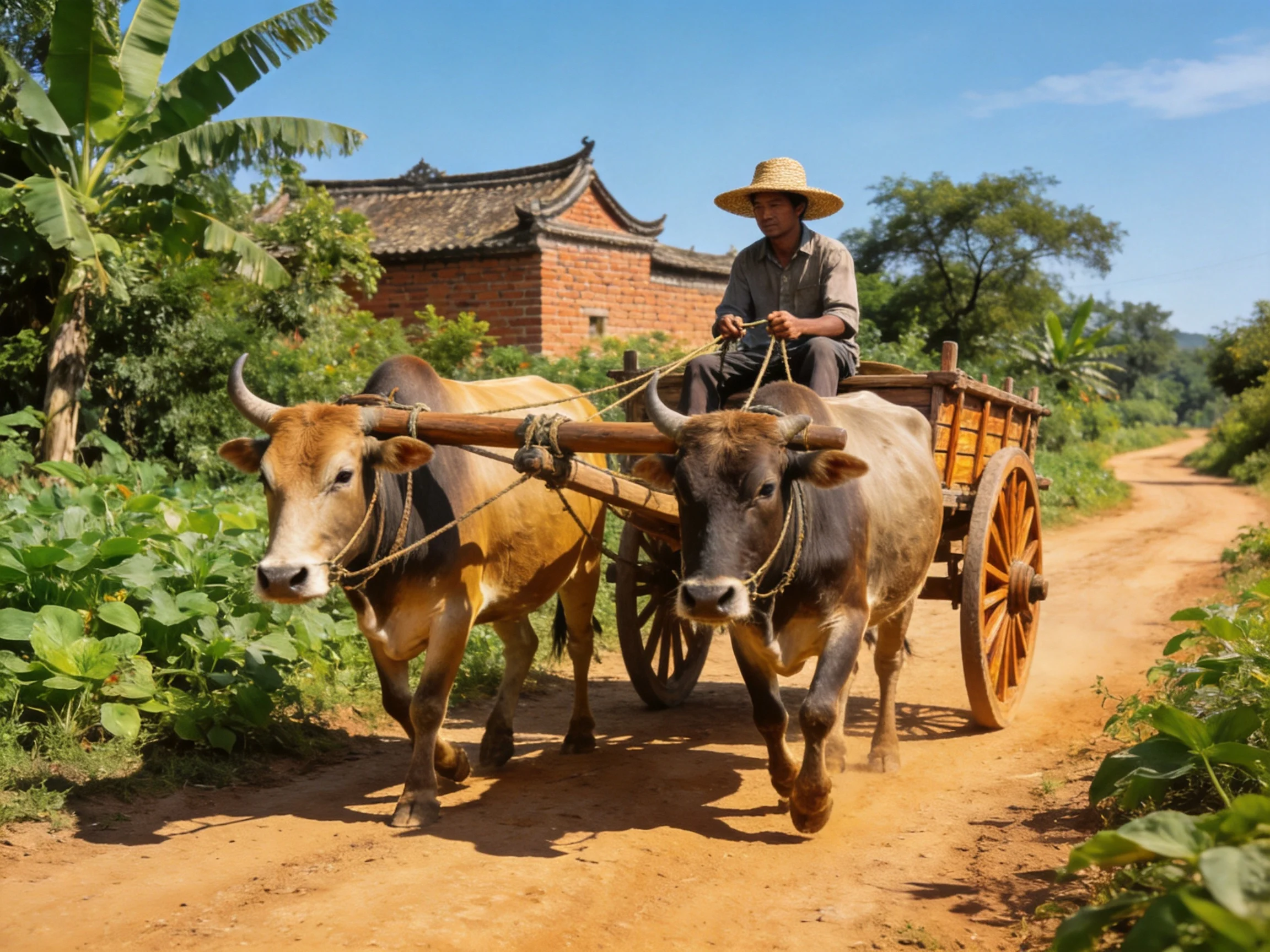 Two brown oxen pull a wooden cart along a dusty country road