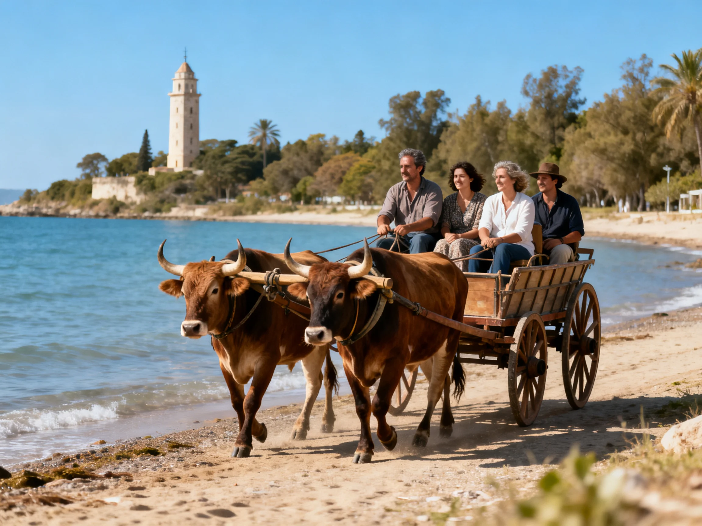Two brown oxen pull a wooden cart along a sandy shoreline
