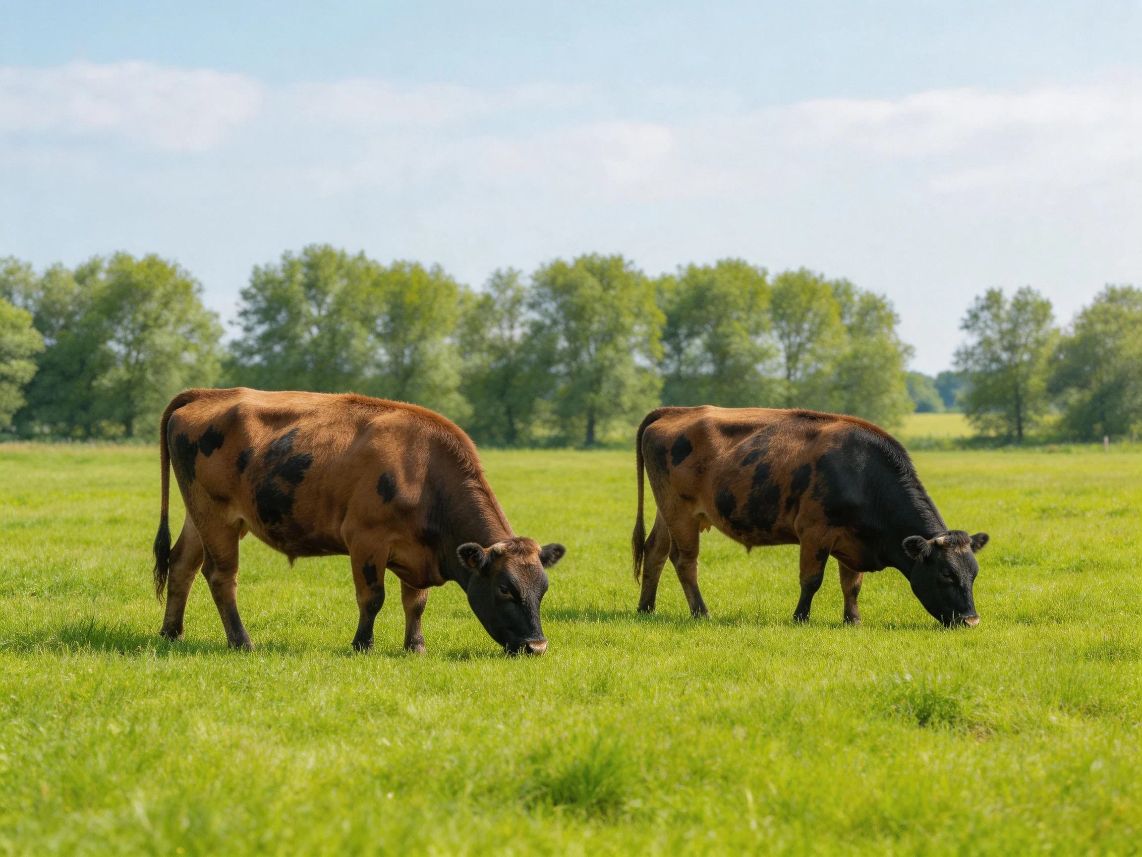 Two brown-spotted cows graze in a sunlit green pasture.
