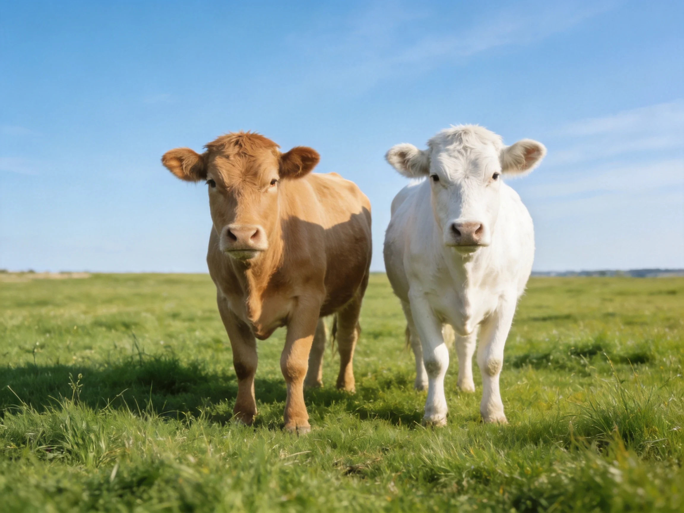 Two calves, one brown and one white, walk through a bright green meadow.