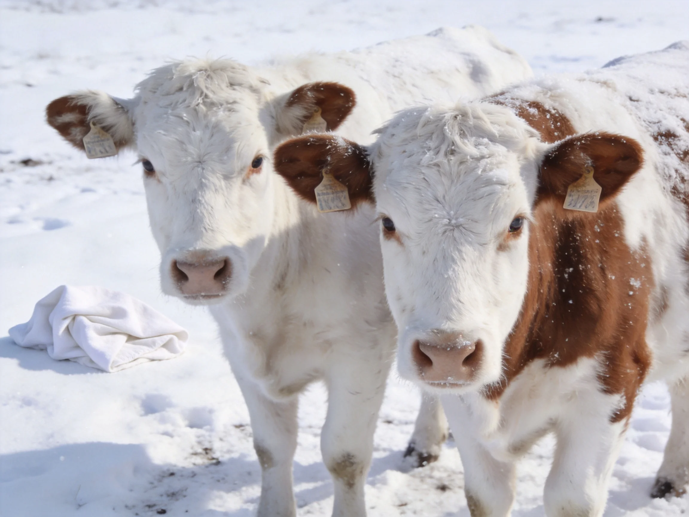 Two calves, white and brown - spotted, in a snowy landscape