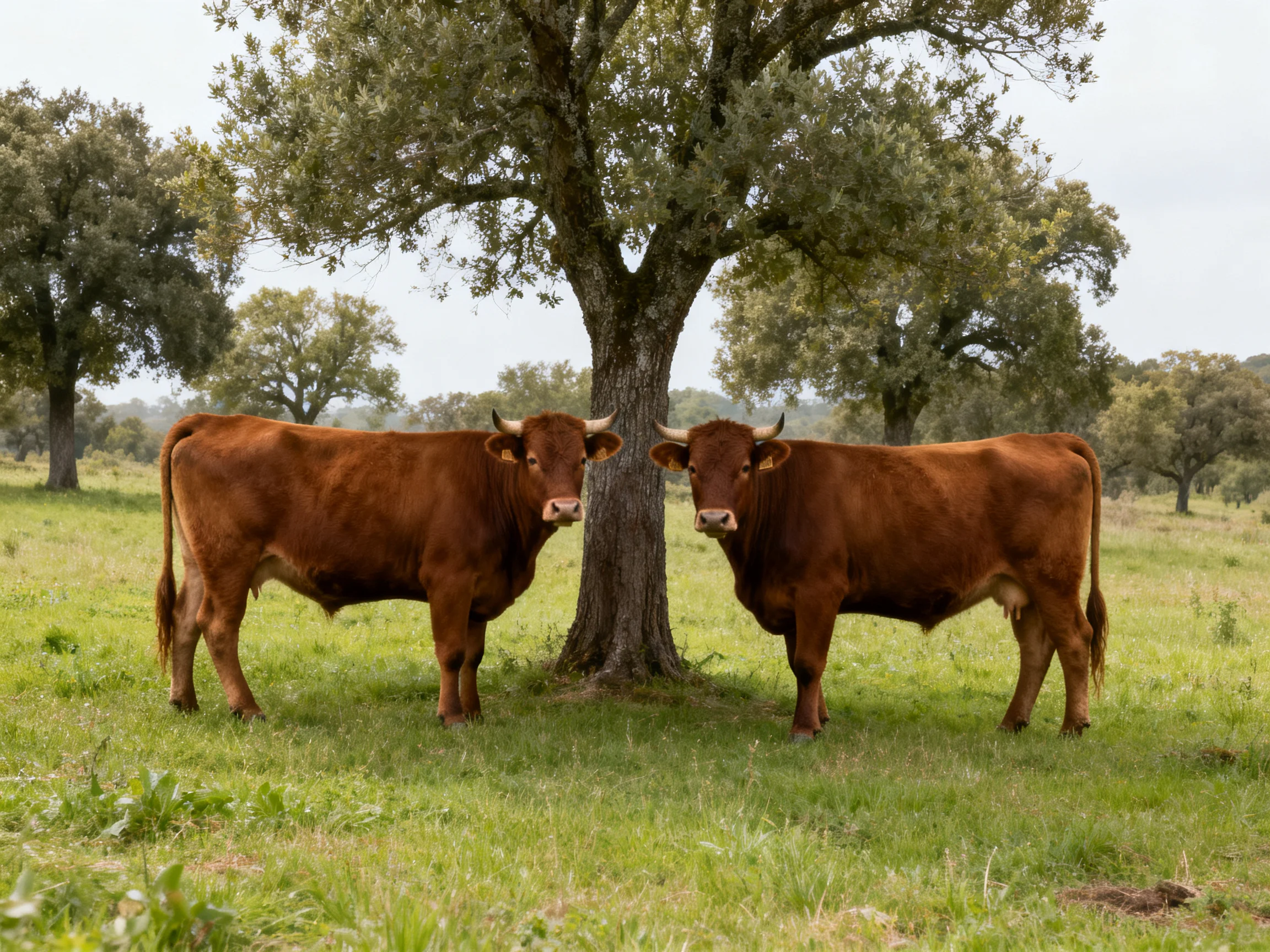 Two chestnut-colored cows beside a large tree in a green pasture