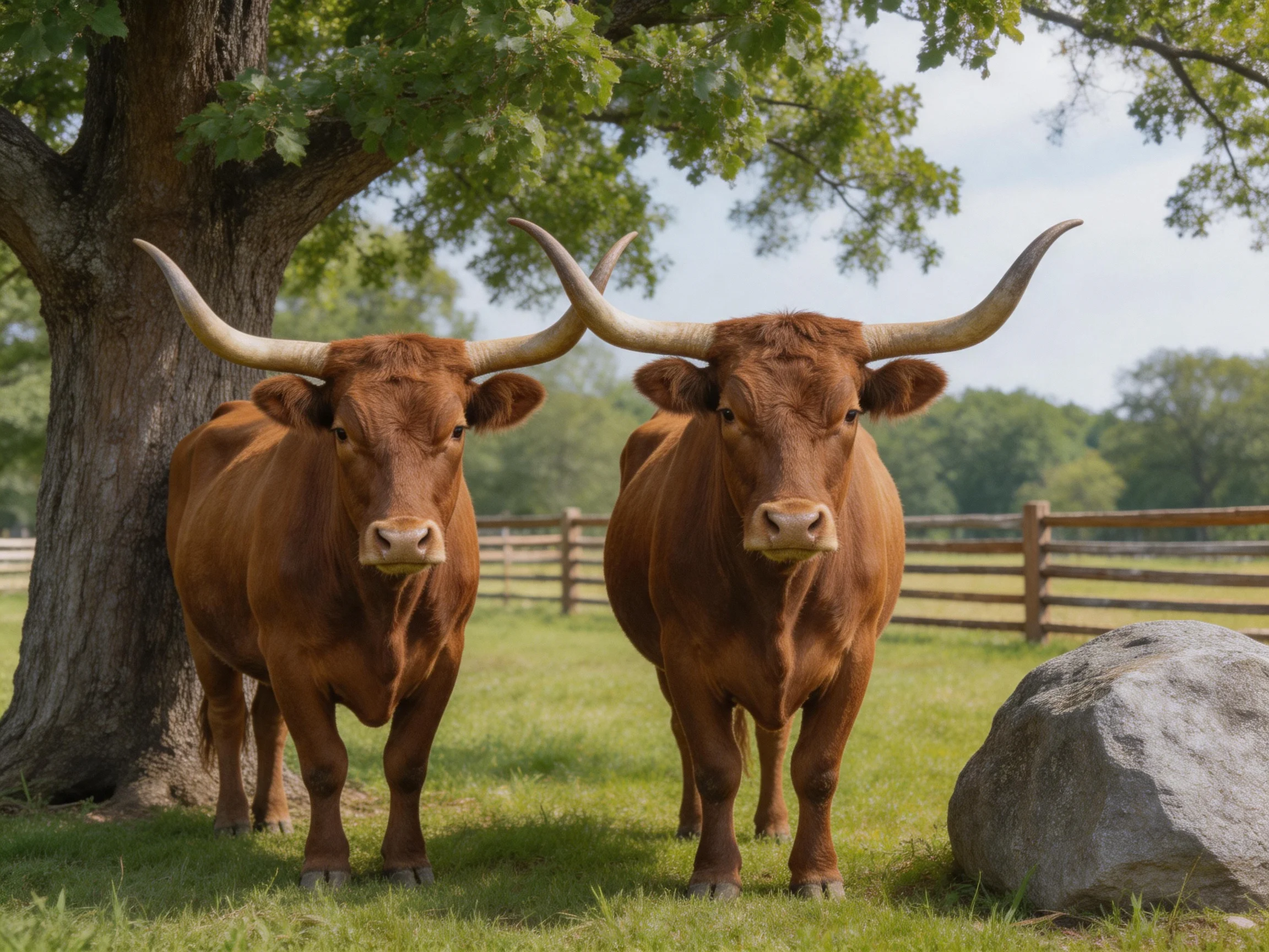 Two chestnut-colored longhorn cattle stand near a large oak tree