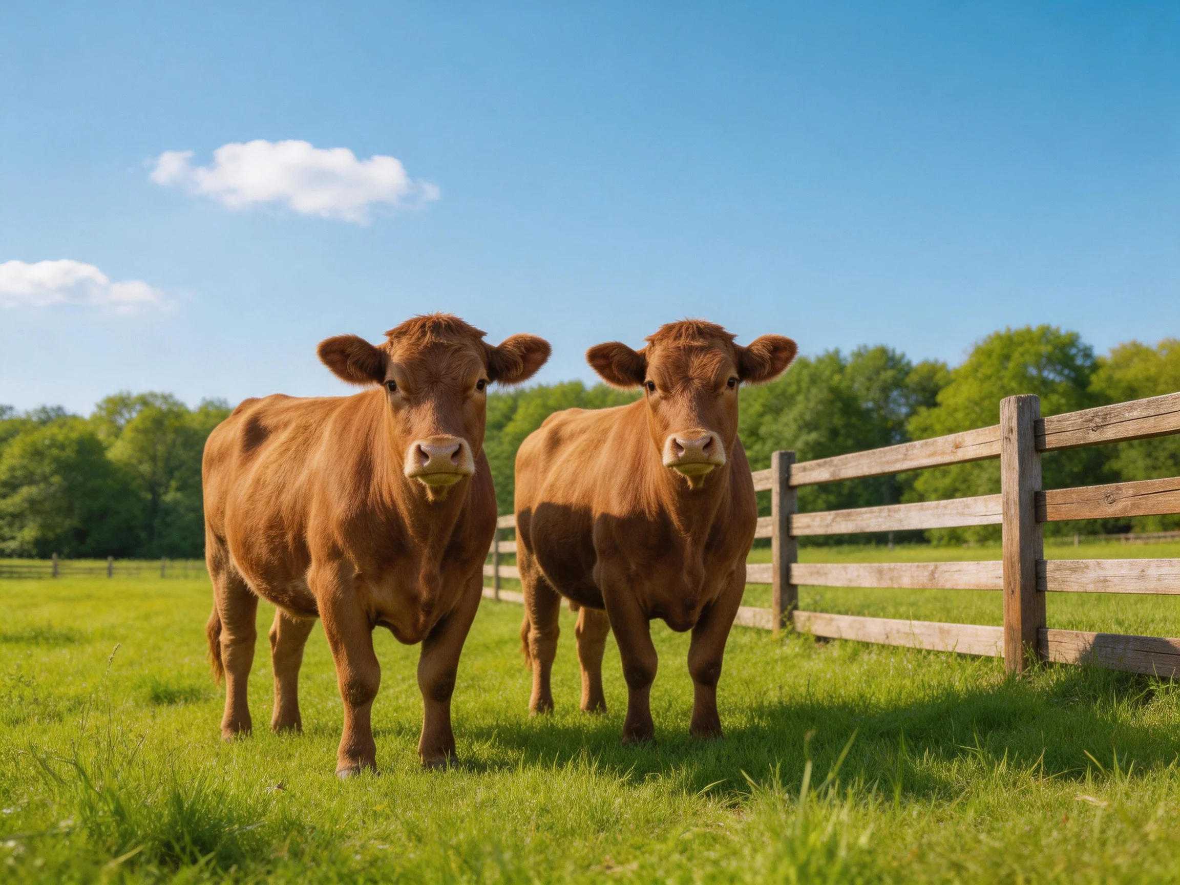 Two chestnut cows stand in a sunlit pasture next to a wooden fence