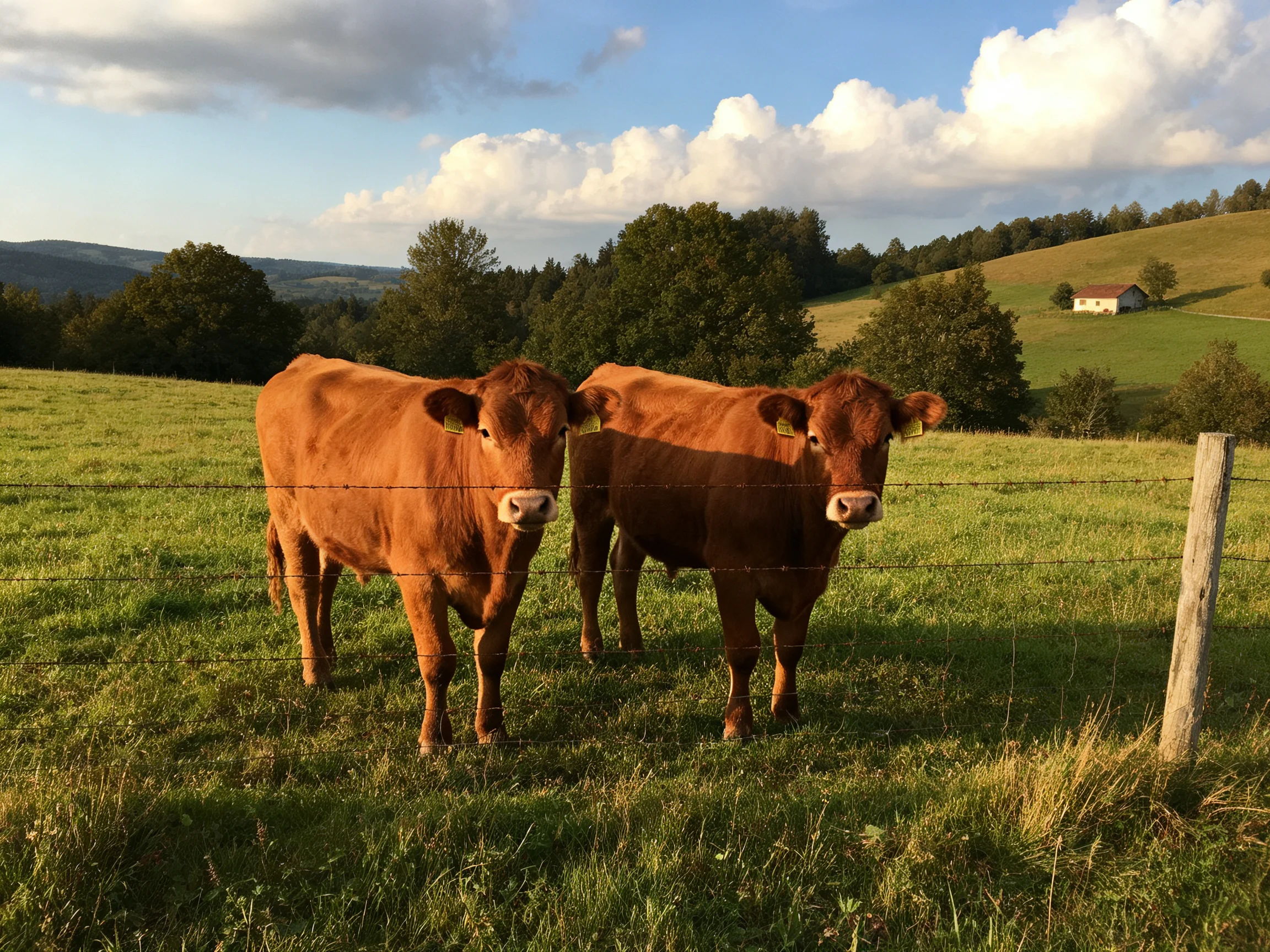 Two chestnut cows stand near a wire fence in a lush green pasture