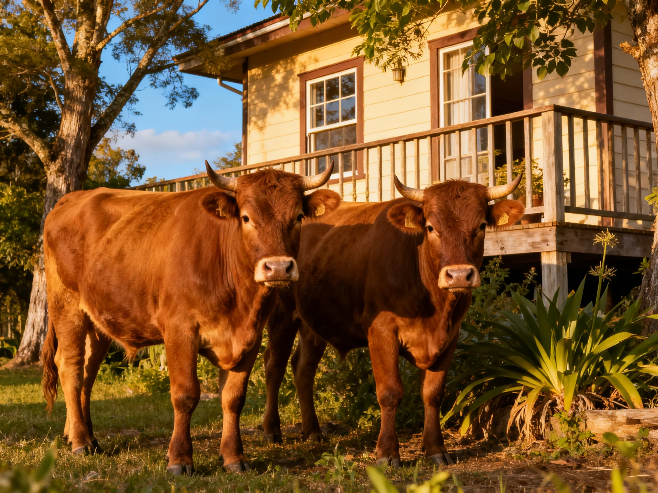 Two chestnut cows stand near a wooden house with greenery