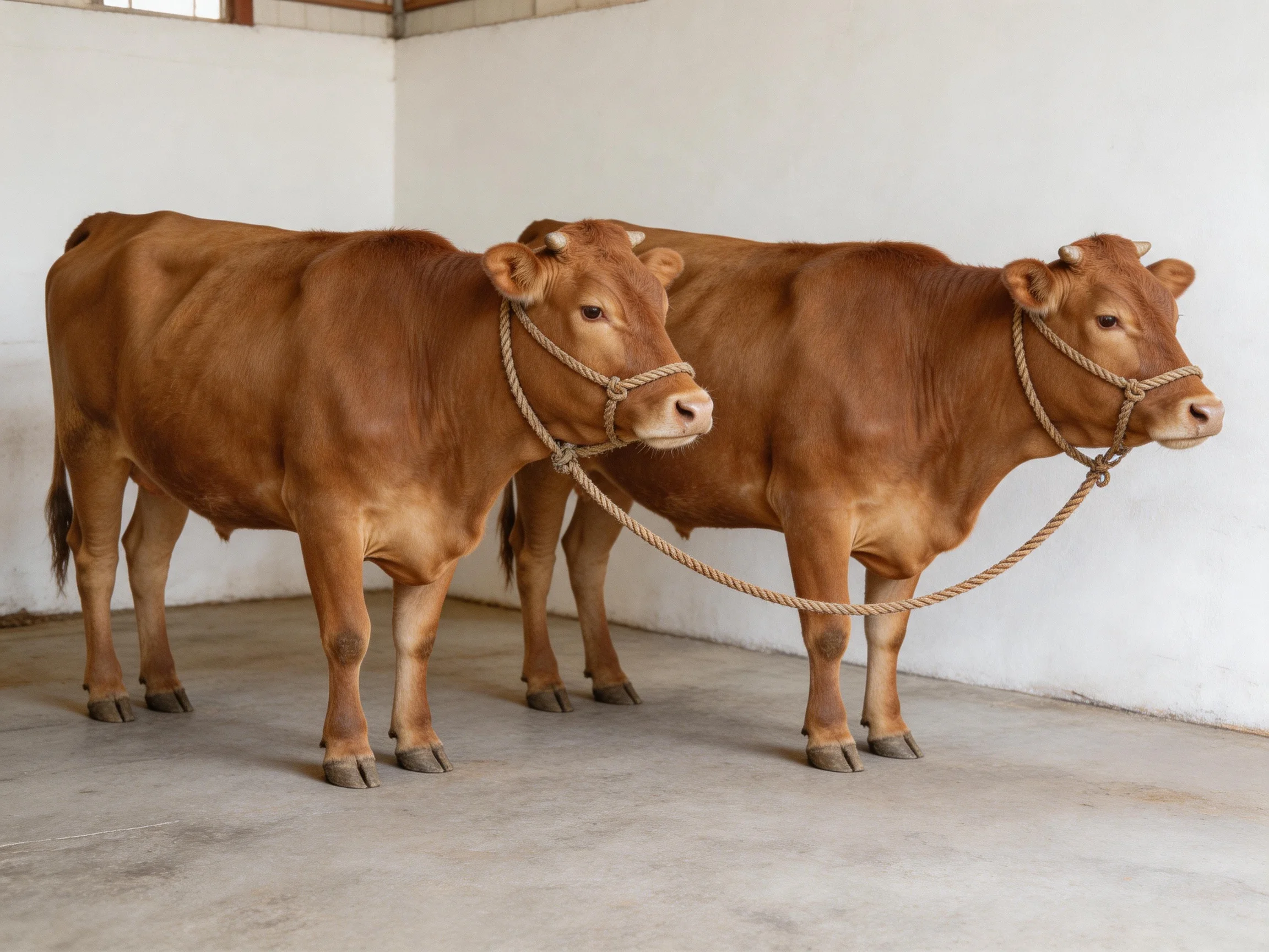 Two chestnut cows tied together in a white-walled enclosure