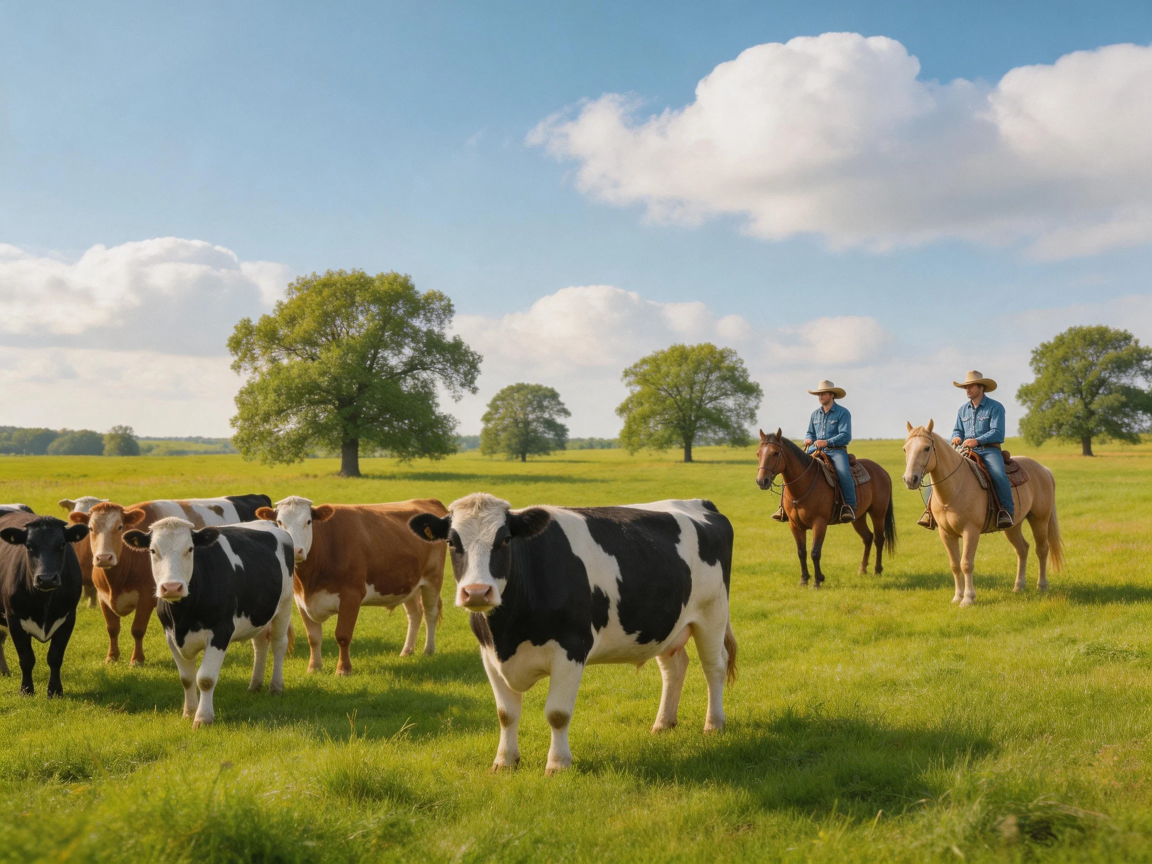 Two cowboys herding mixed-colored cattle in a sunny green pasture