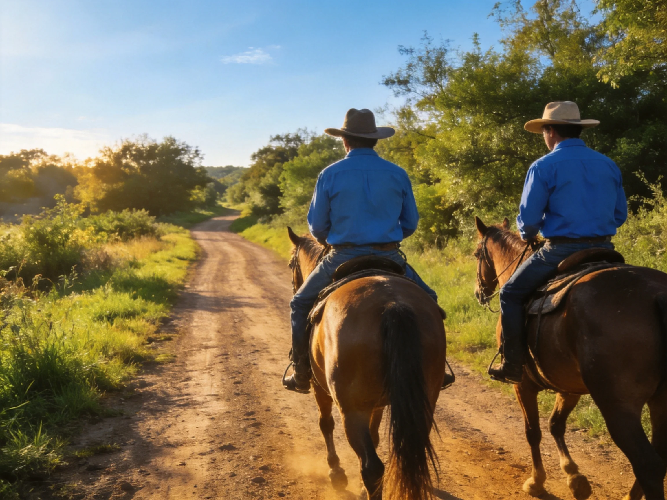 Two cowboys in blue shirts ride brown horses on a dusty trail