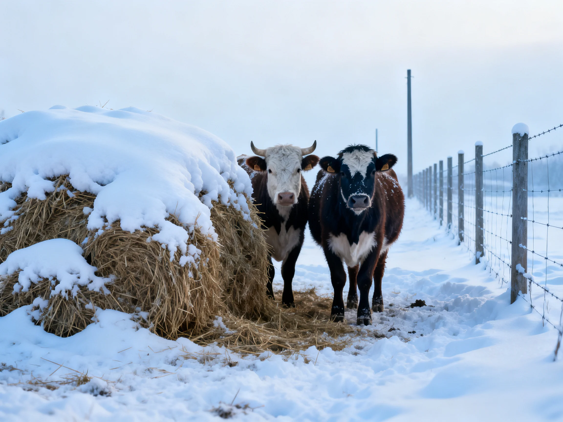Two cows beside a large snow-laden hay bale in a snowy field