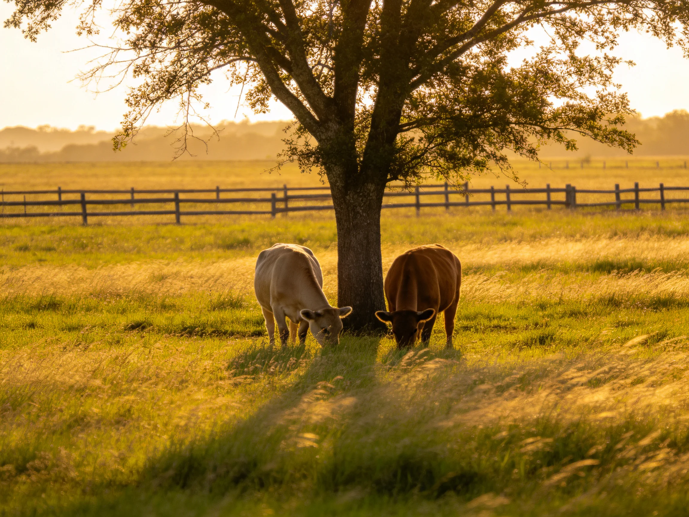 Two cows graze beside a large tree in a golden meadow