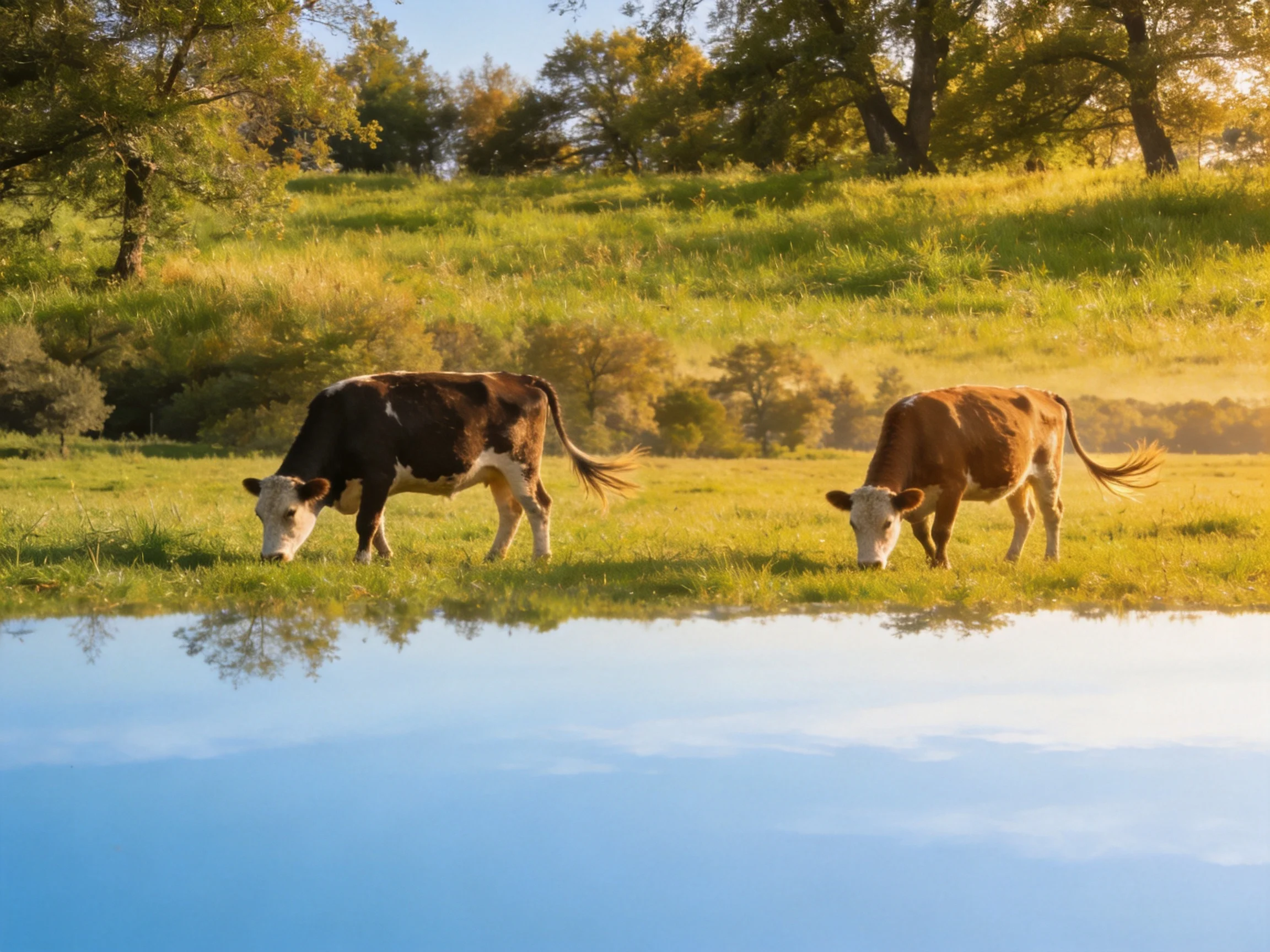 Two cows graze by a calm blue pond amidst sun-drenched green hills