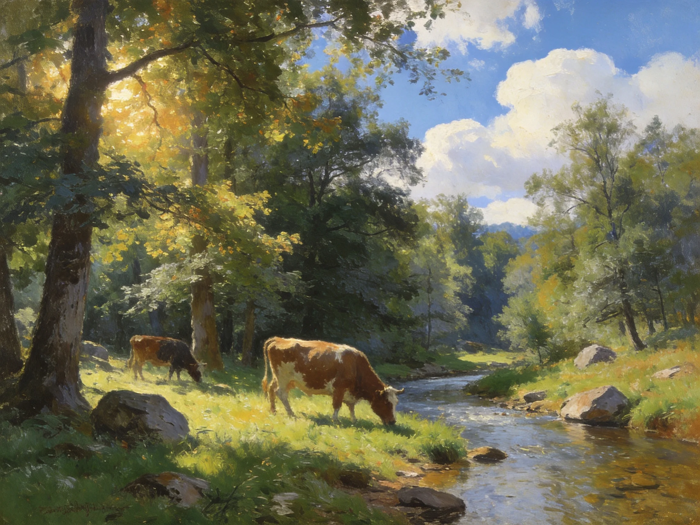 Two cows graze by a sunlit forest stream with verdant surroundings