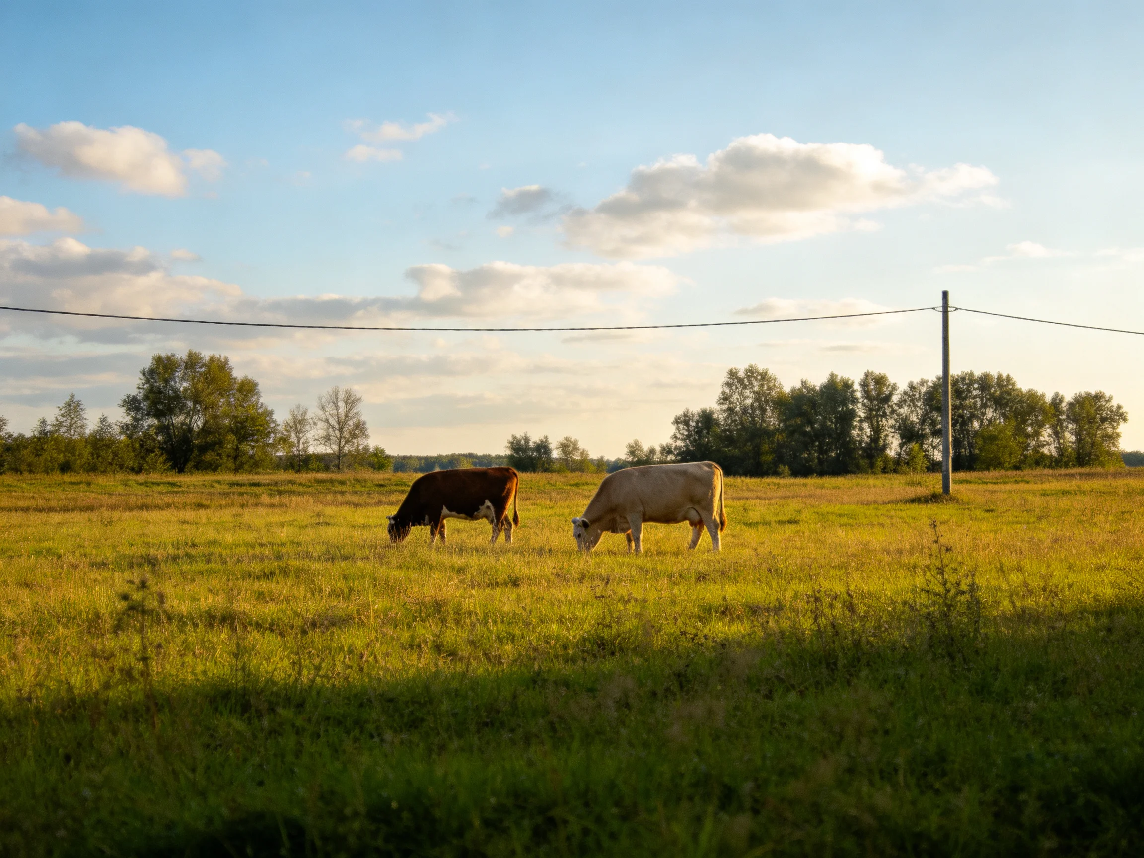 Two cows graze in a sunlit pasture near trees.