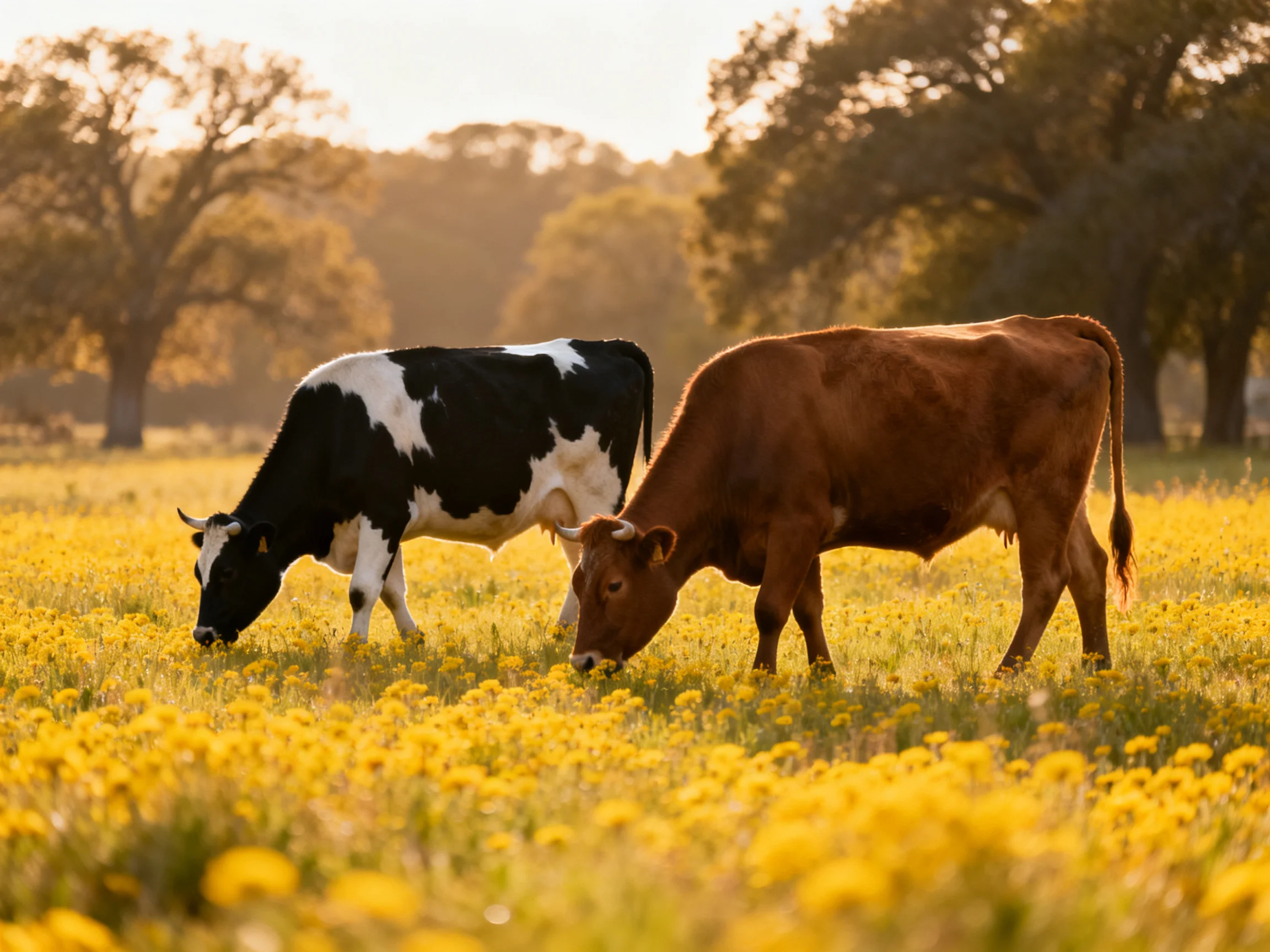 Two cows graze in a golden flower-filled meadow near tall trees