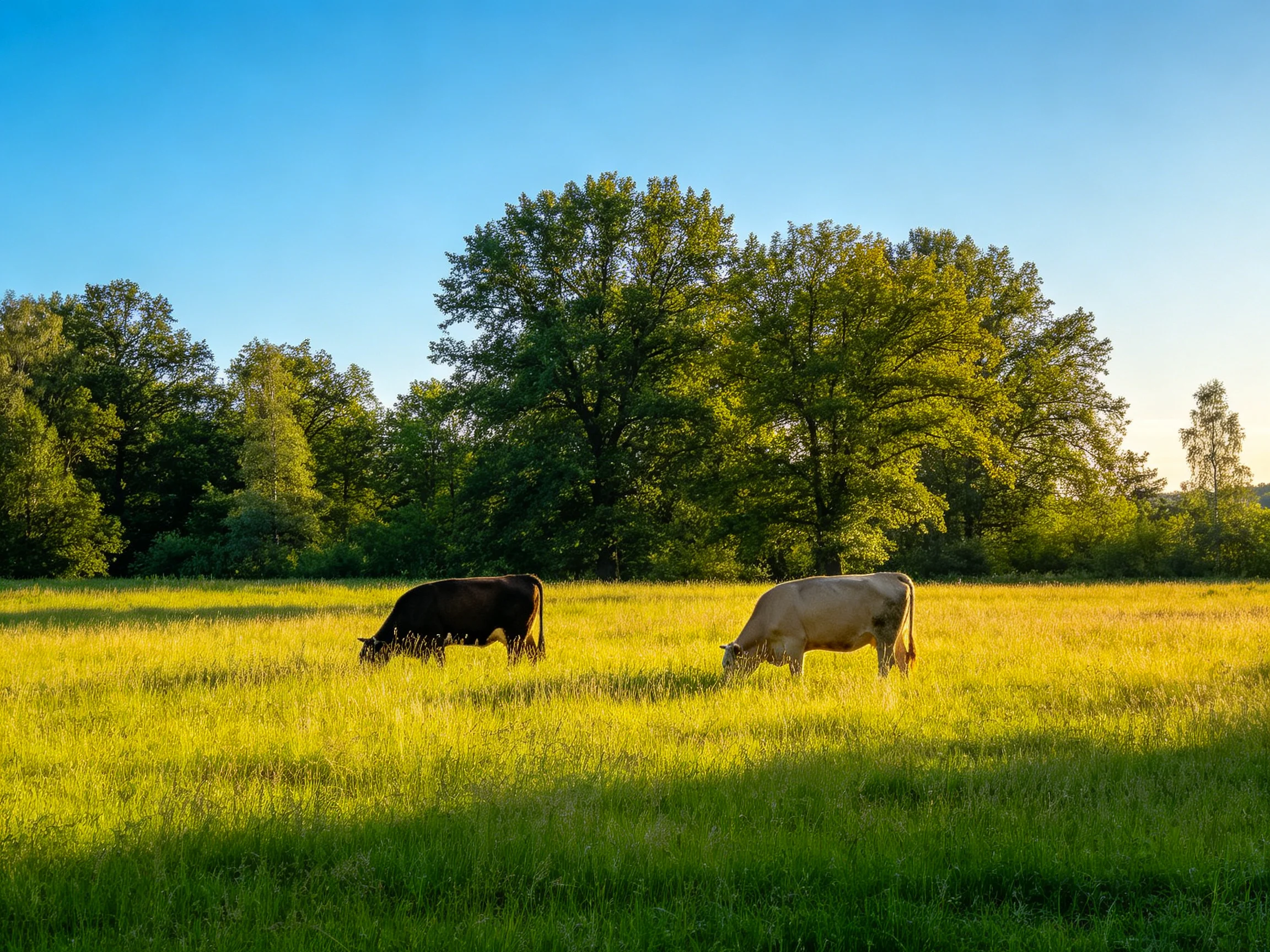 Two cows graze in a golden meadow near lush green trees