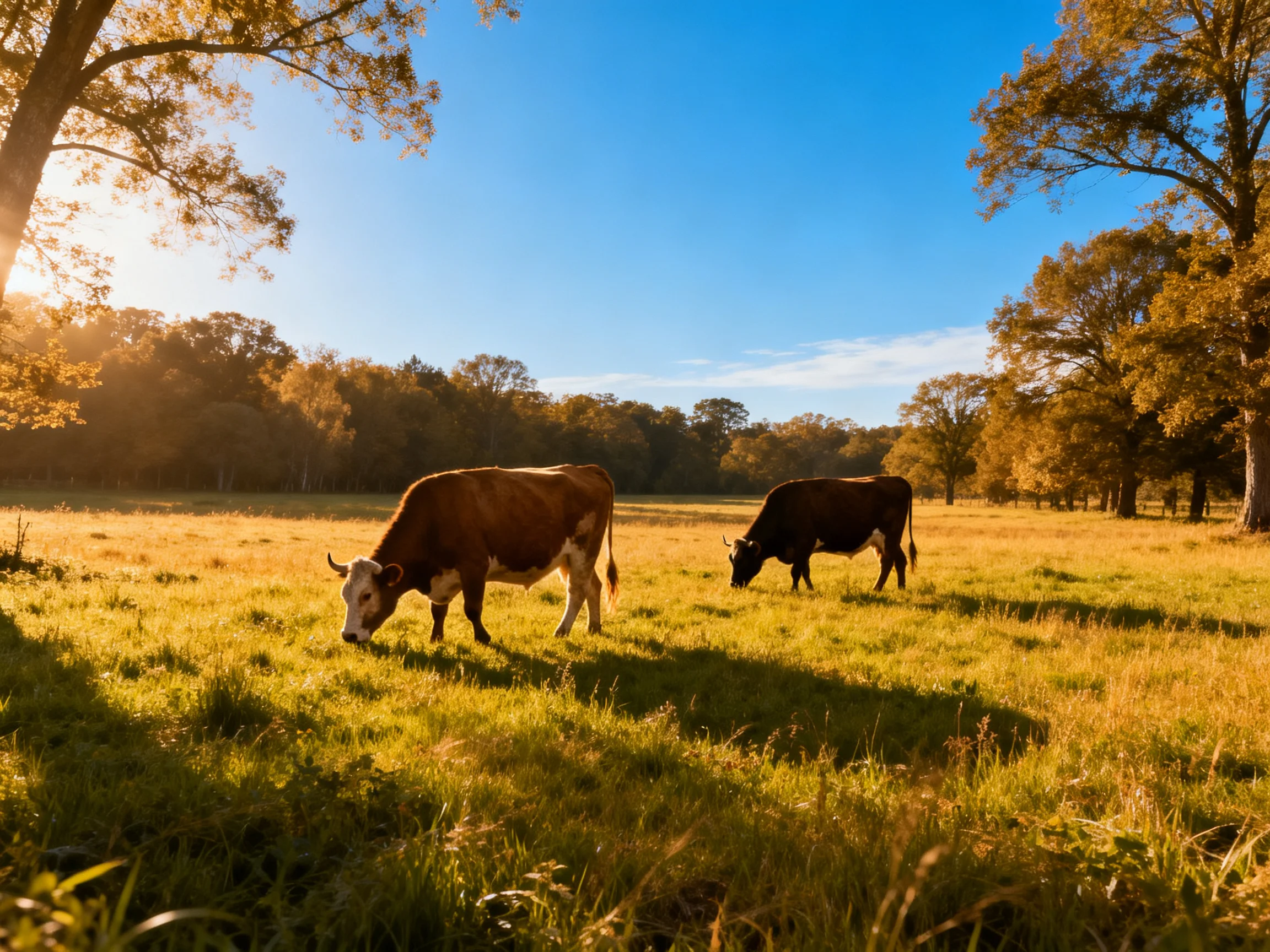 Two cows graze in a golden sunlit meadow with autumn trees