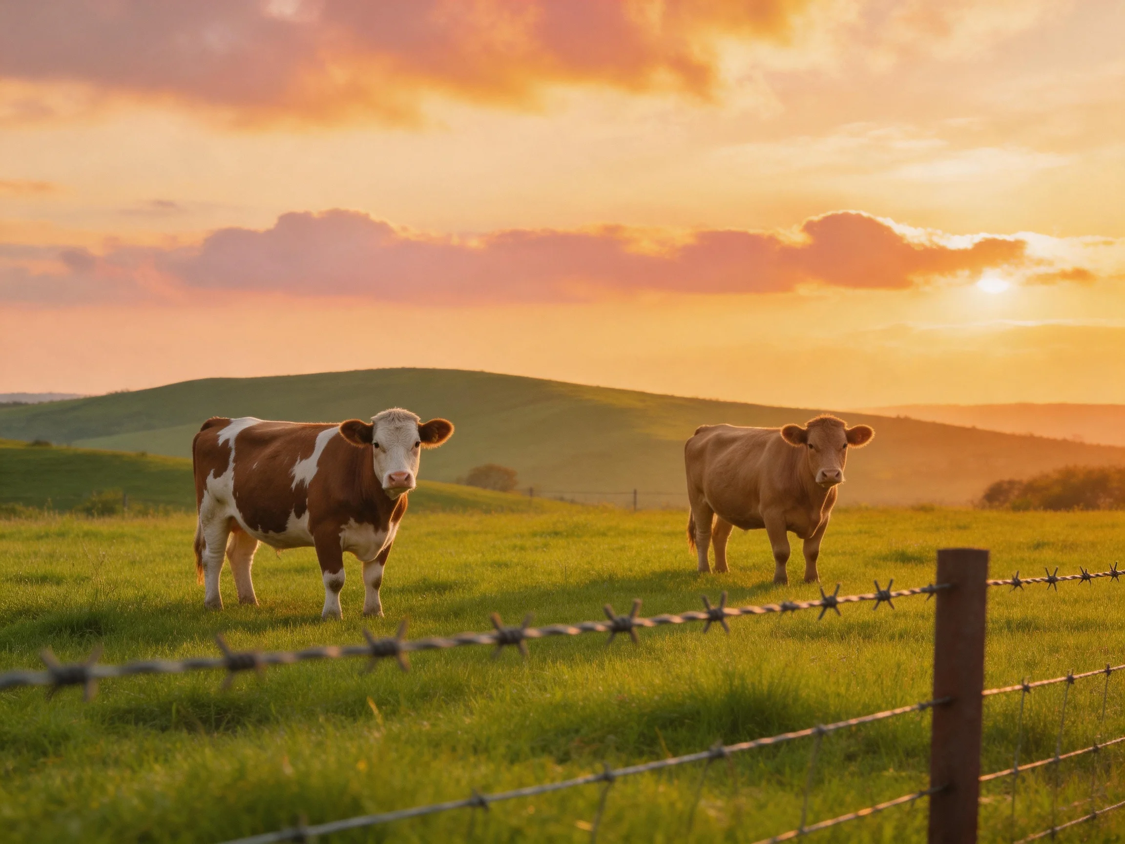 Two cows graze in a green pasture near a barbed wire fence under a golden sunset