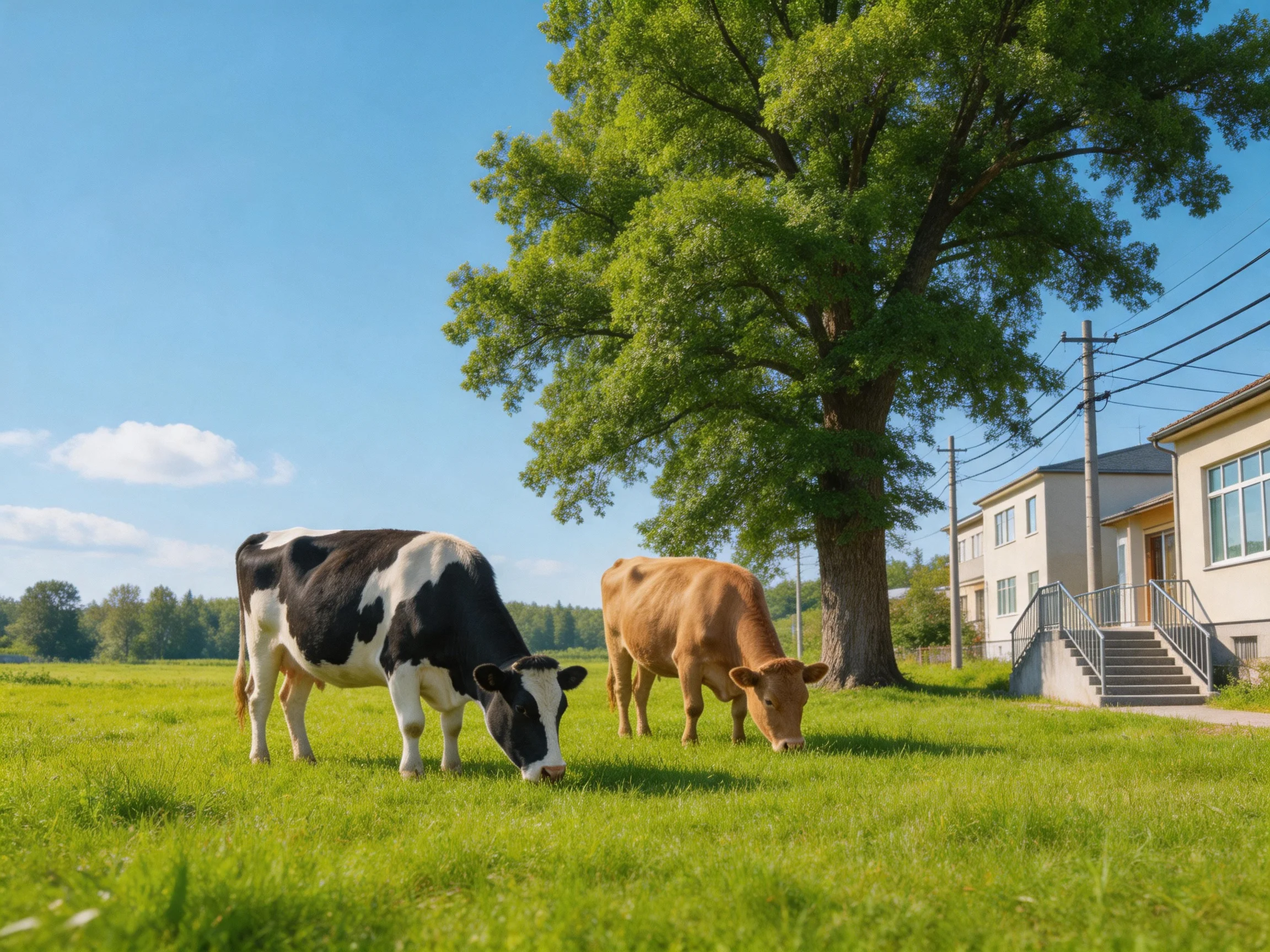 Two cows graze in a lush green meadow near a large tree