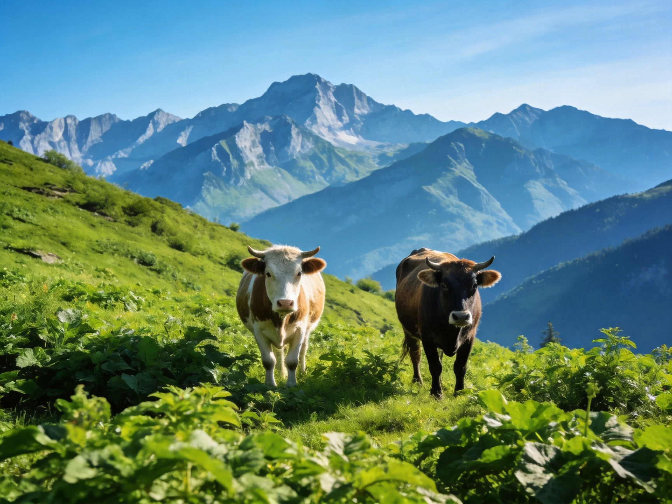 Two cows graze in a lush green meadow near towering blue mountains
