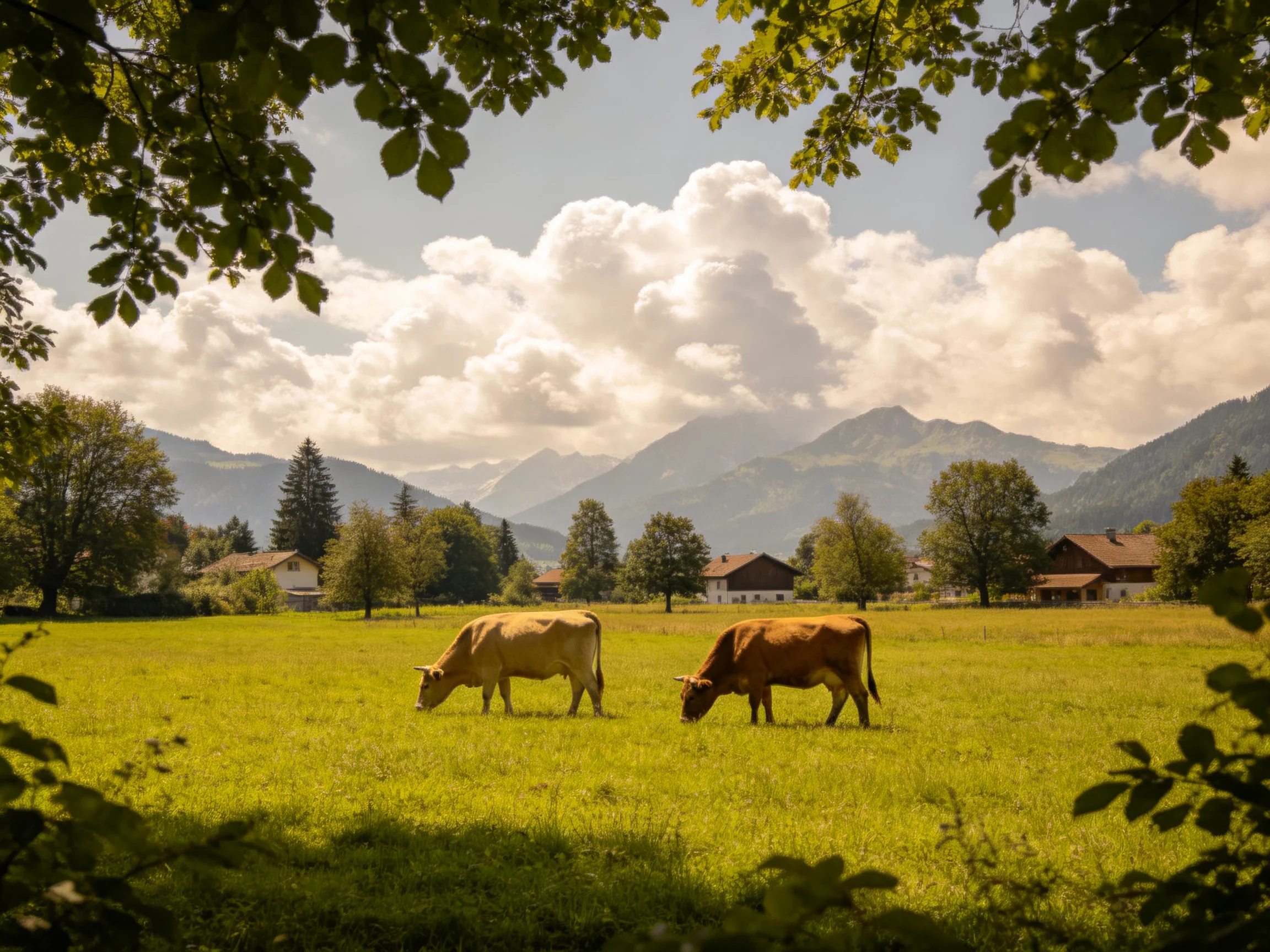 Two cows graze in a lush green meadow near wooden houses and mountains