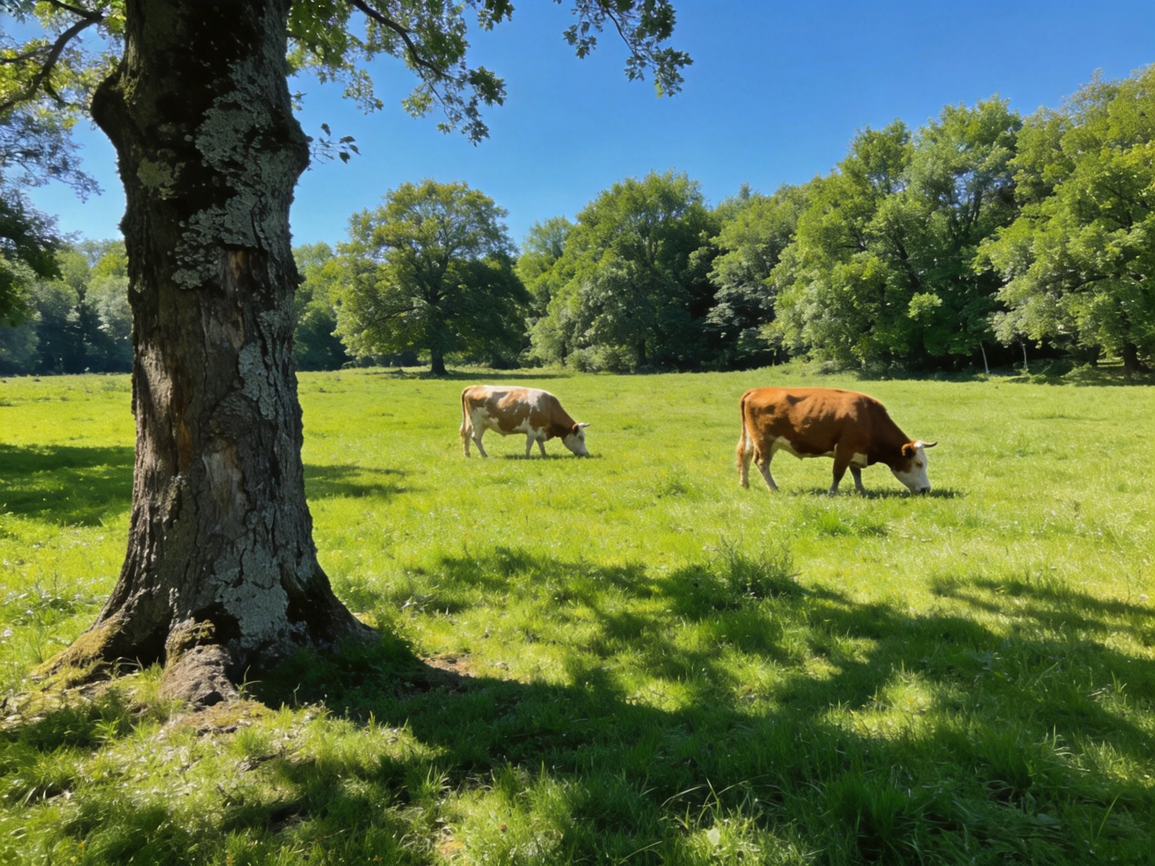 Two cows graze in a lush green meadow with tall old trees