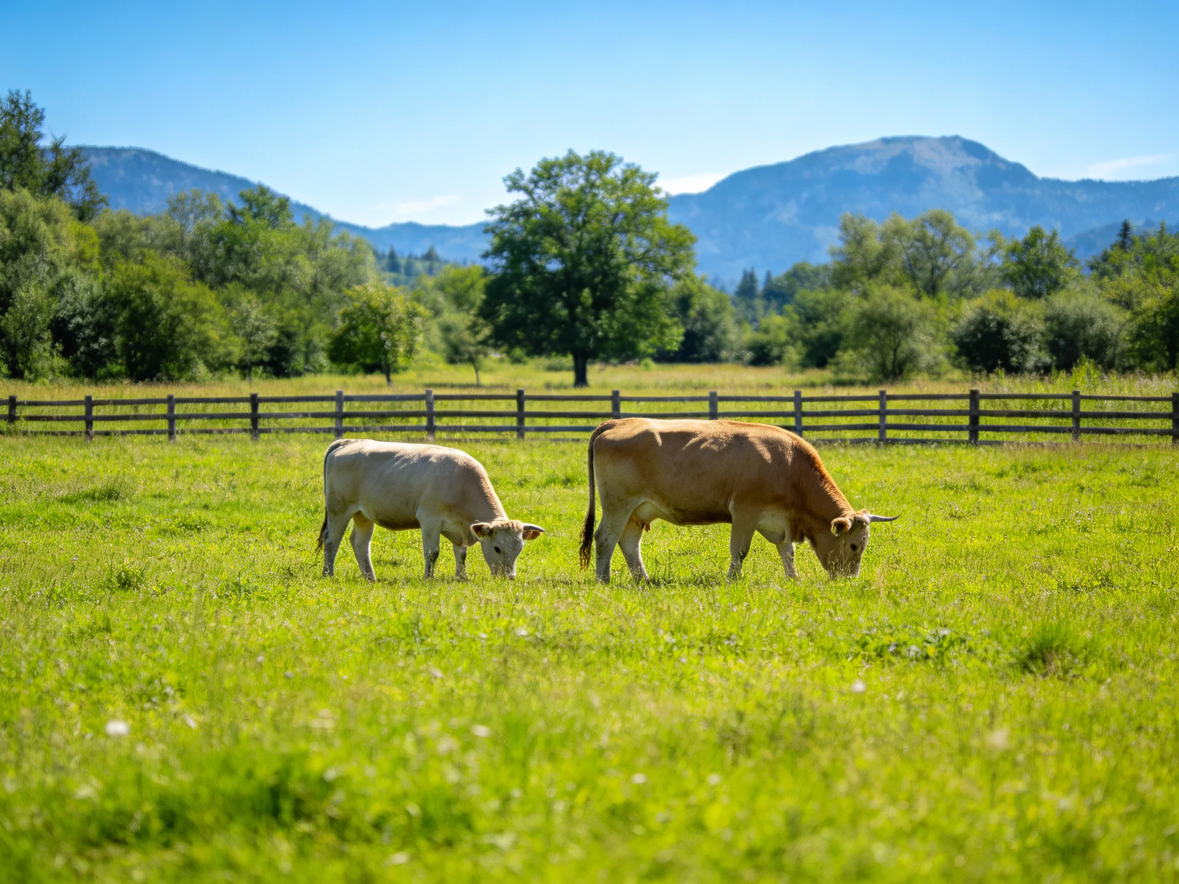 Two cows graze in a lush green meadow with wooden fences and mountains