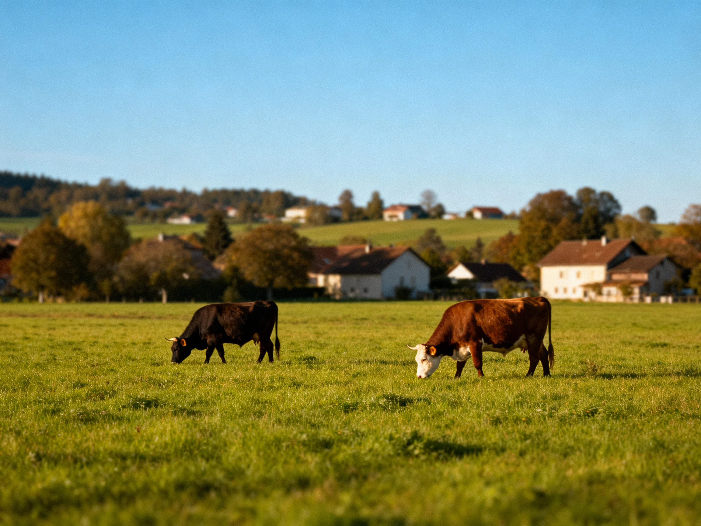 Two cows graze in a lush green pasture near a rural village