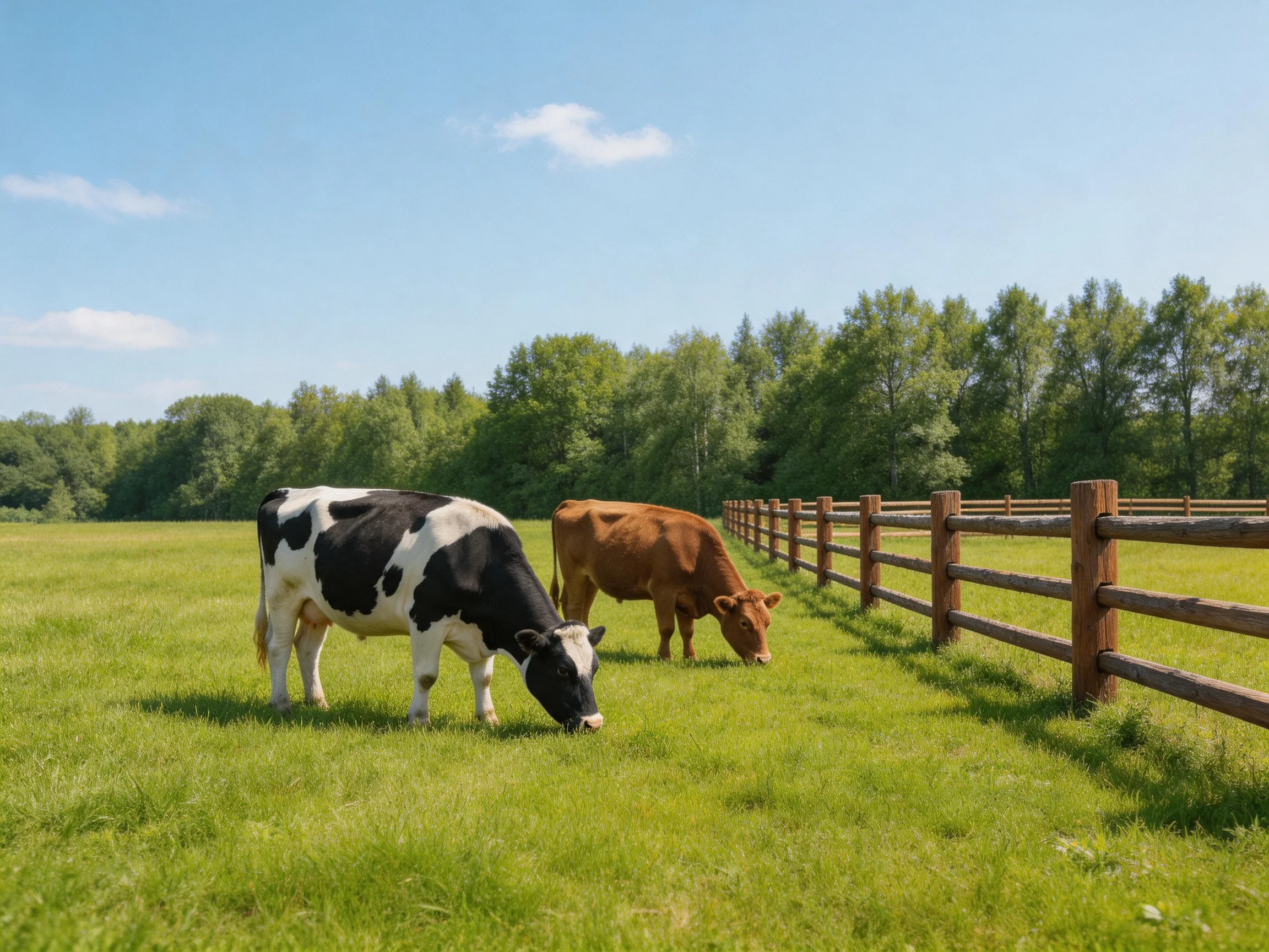 Two cows graze in a lush green pasture near a wooden fence
