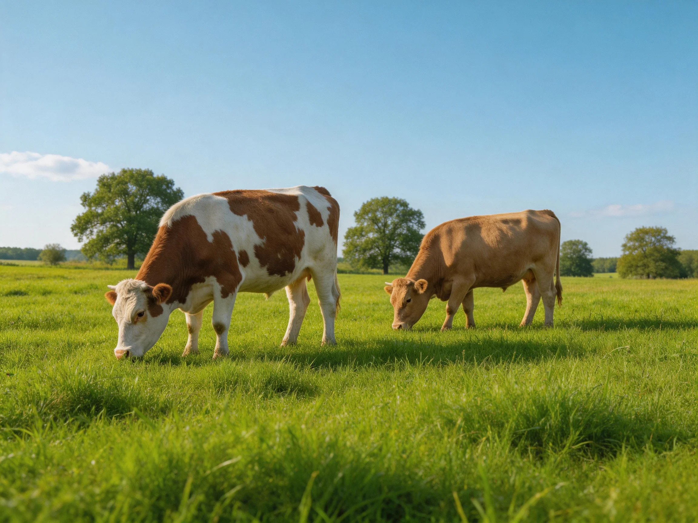 Two cows graze in a lush green pasture under a clear blue sky