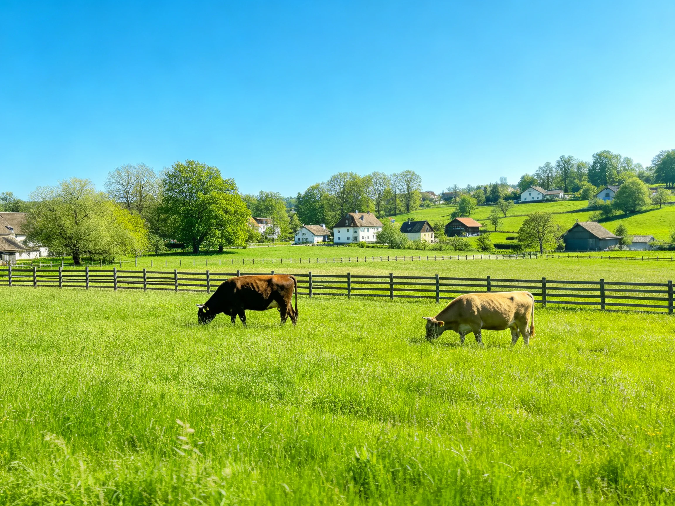 Two cows graze in a lush green pasture with a wooden fence