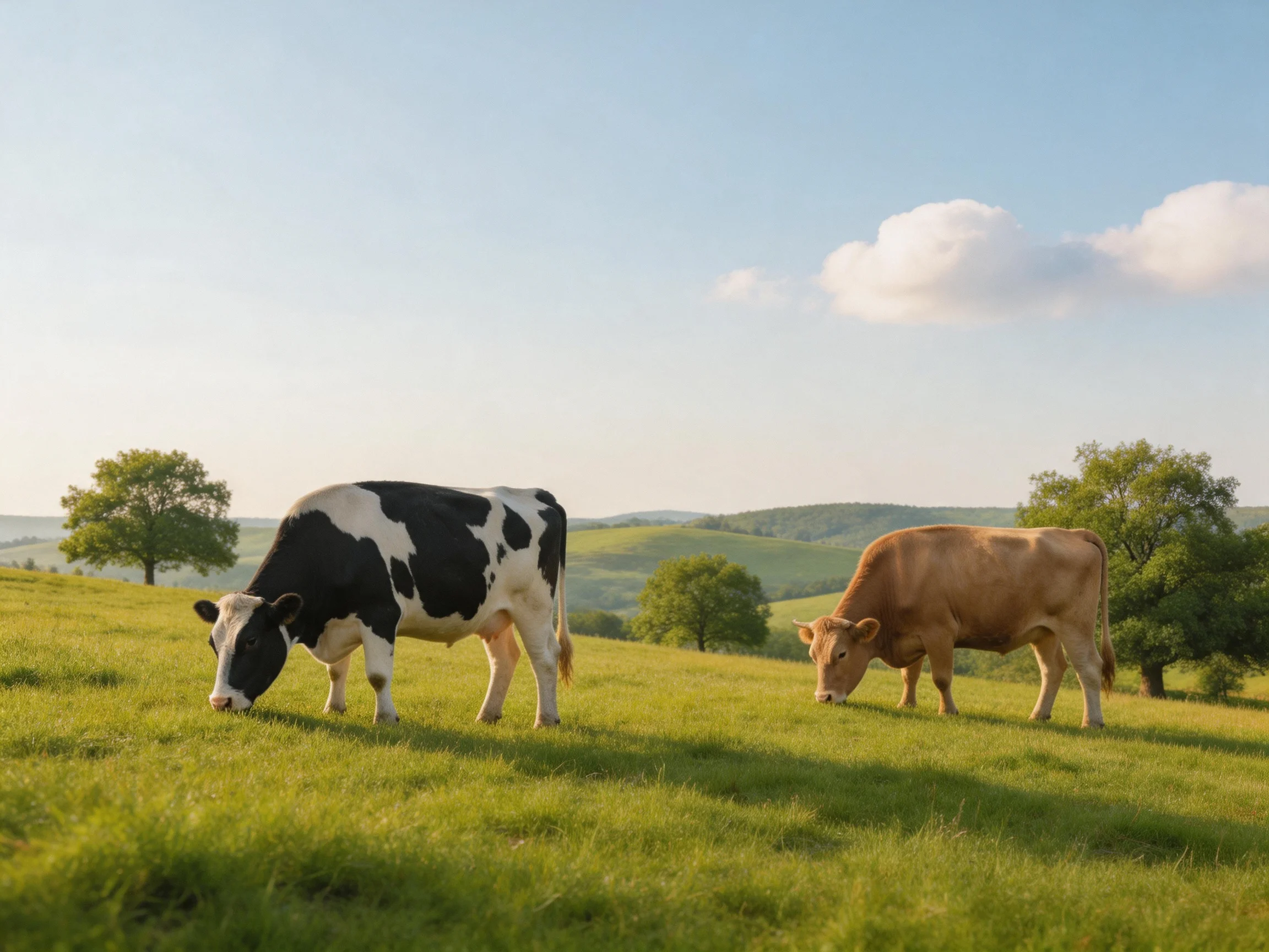 Two cows graze in a lush green pasture with rolling hills