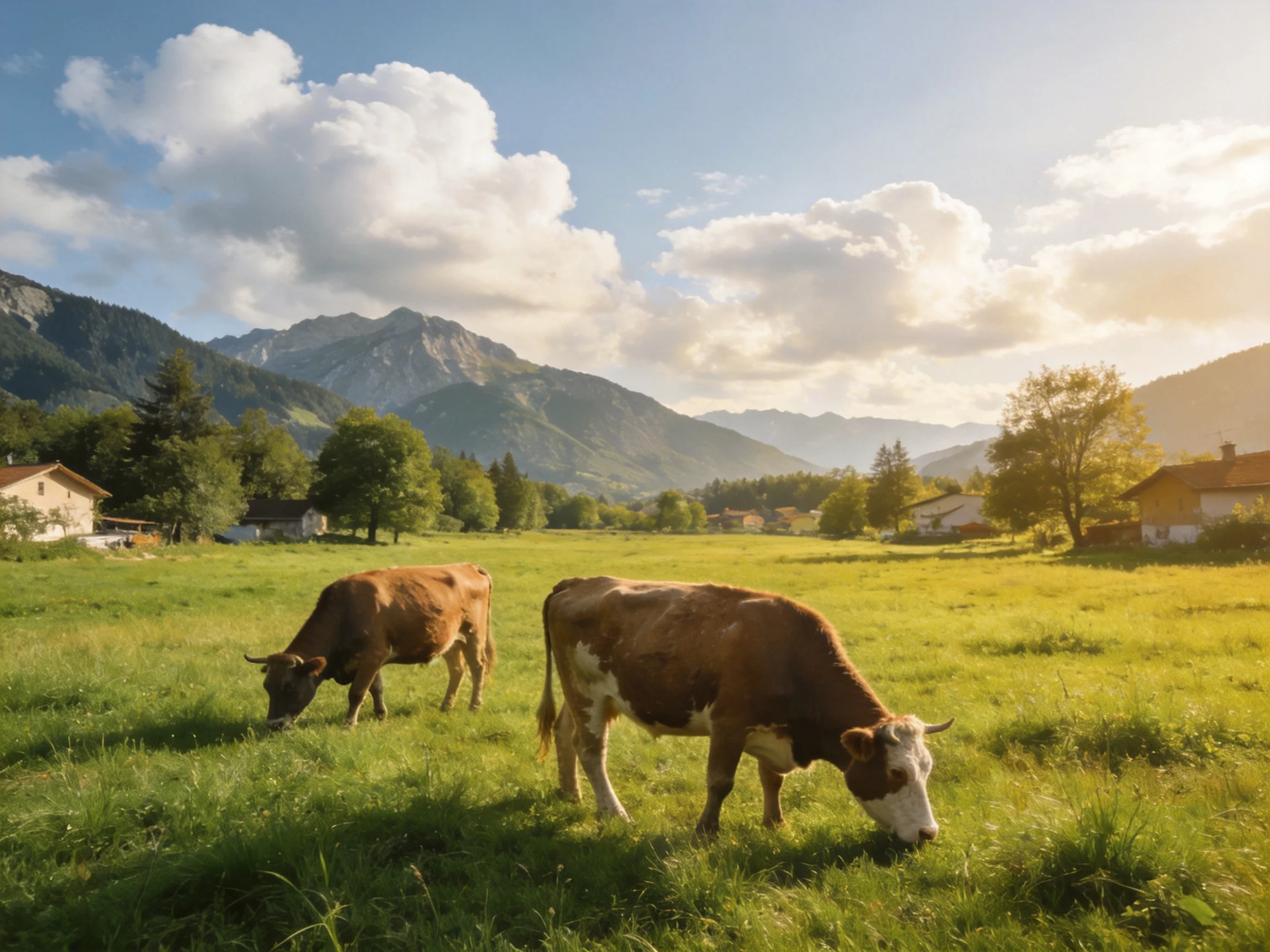 Two cows graze in a sunlit rural meadow with mountains and homes.