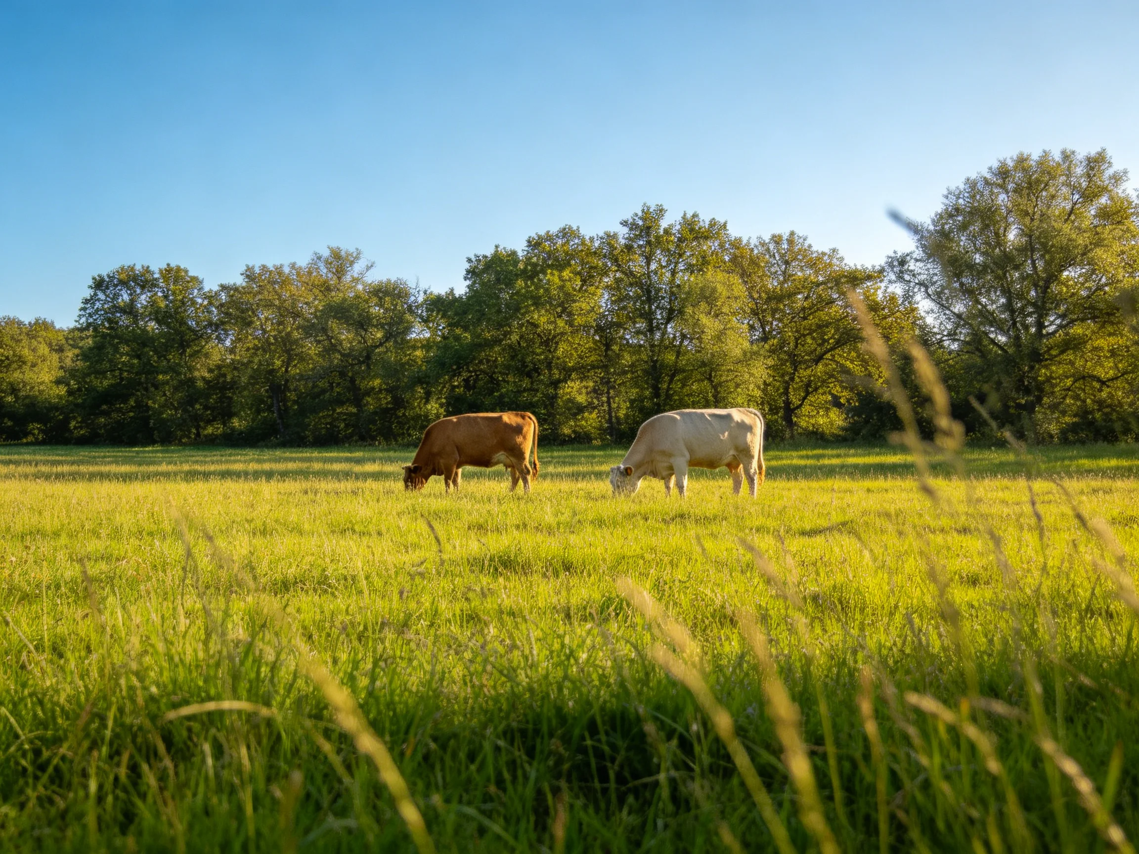 Two cows graze in a sunlit green pasture near leafy trees