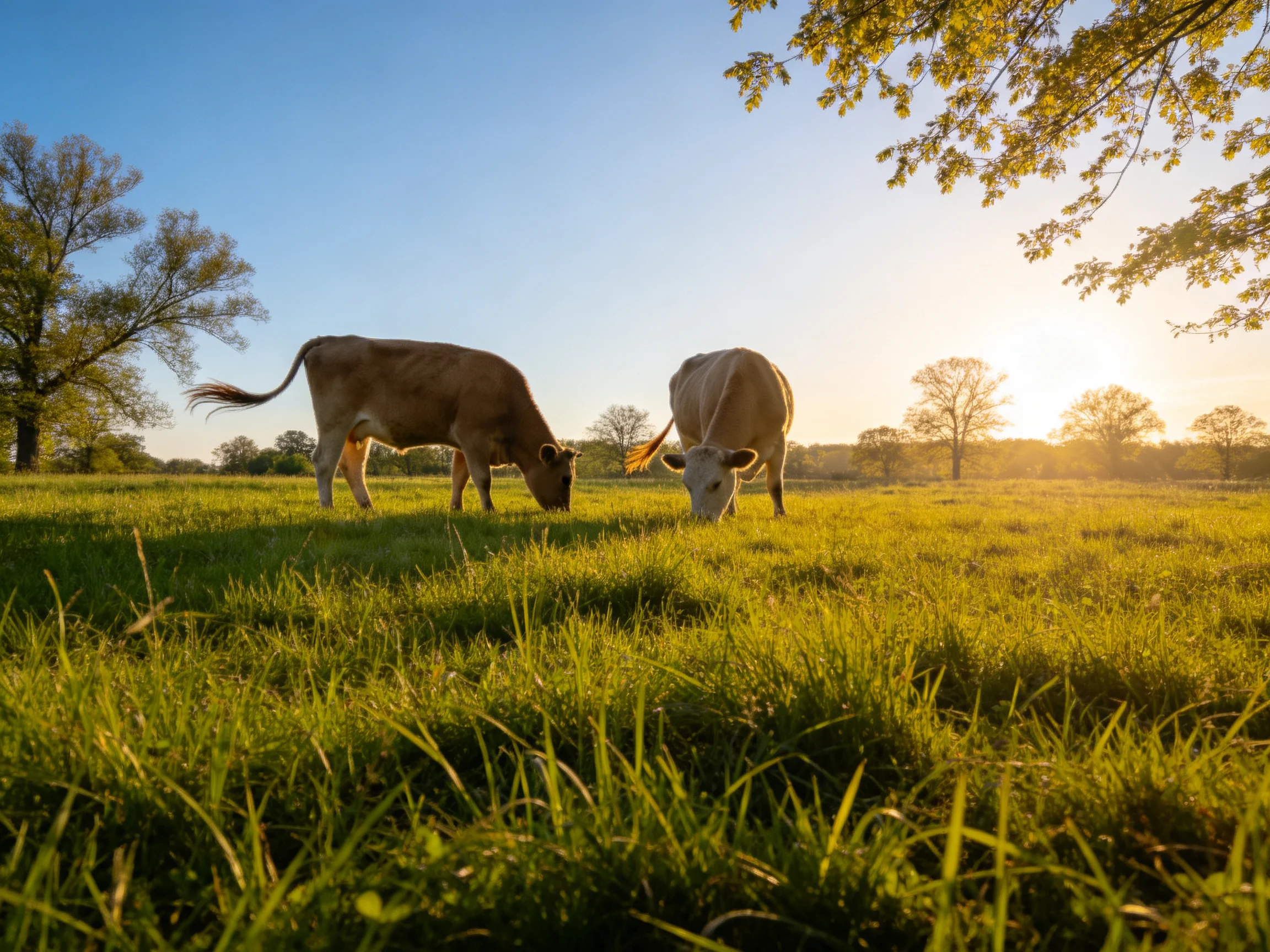 Two cows graze in a sunlit green pasture surrounded by trees.