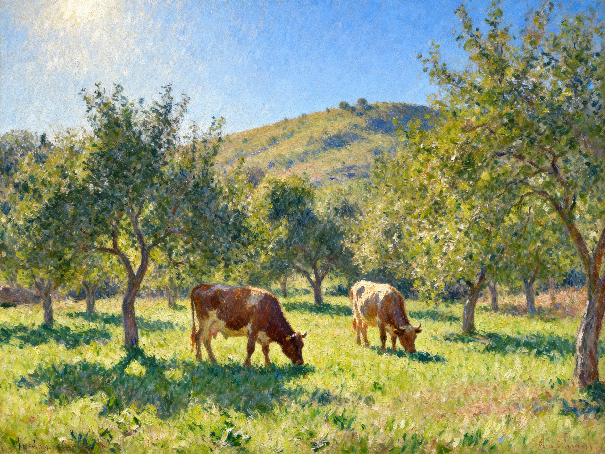Two cows graze in a sunlit pastoral landscape with trees and hills.