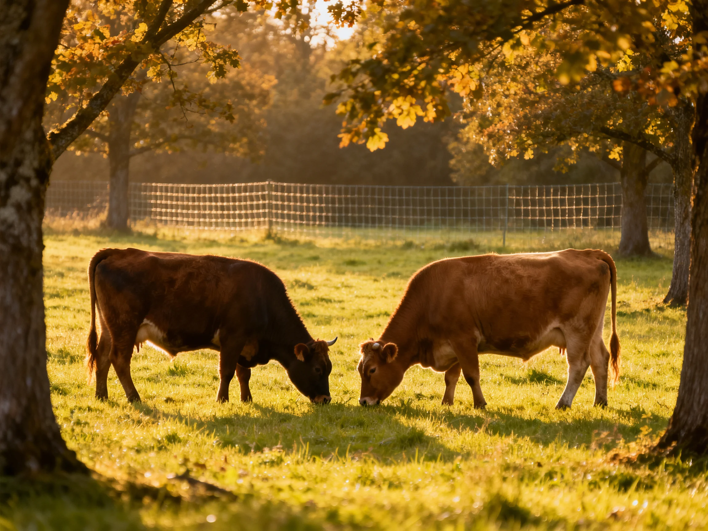 Two cows graze in a sunlit meadow near trees.