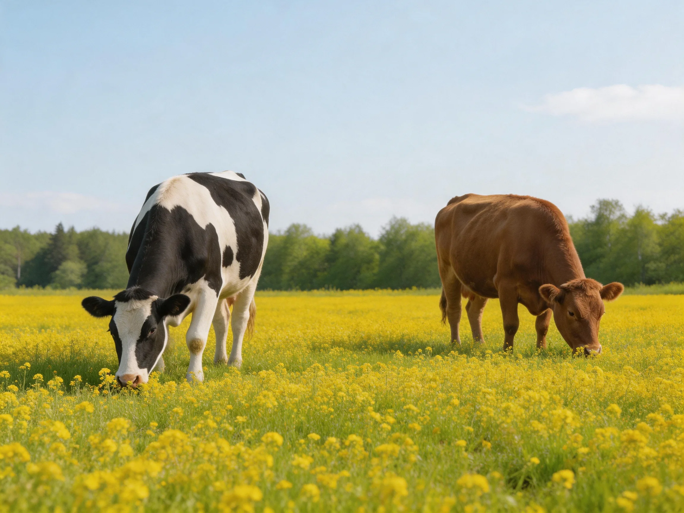 Two cows graze in a vibrant yellow-flowered open field