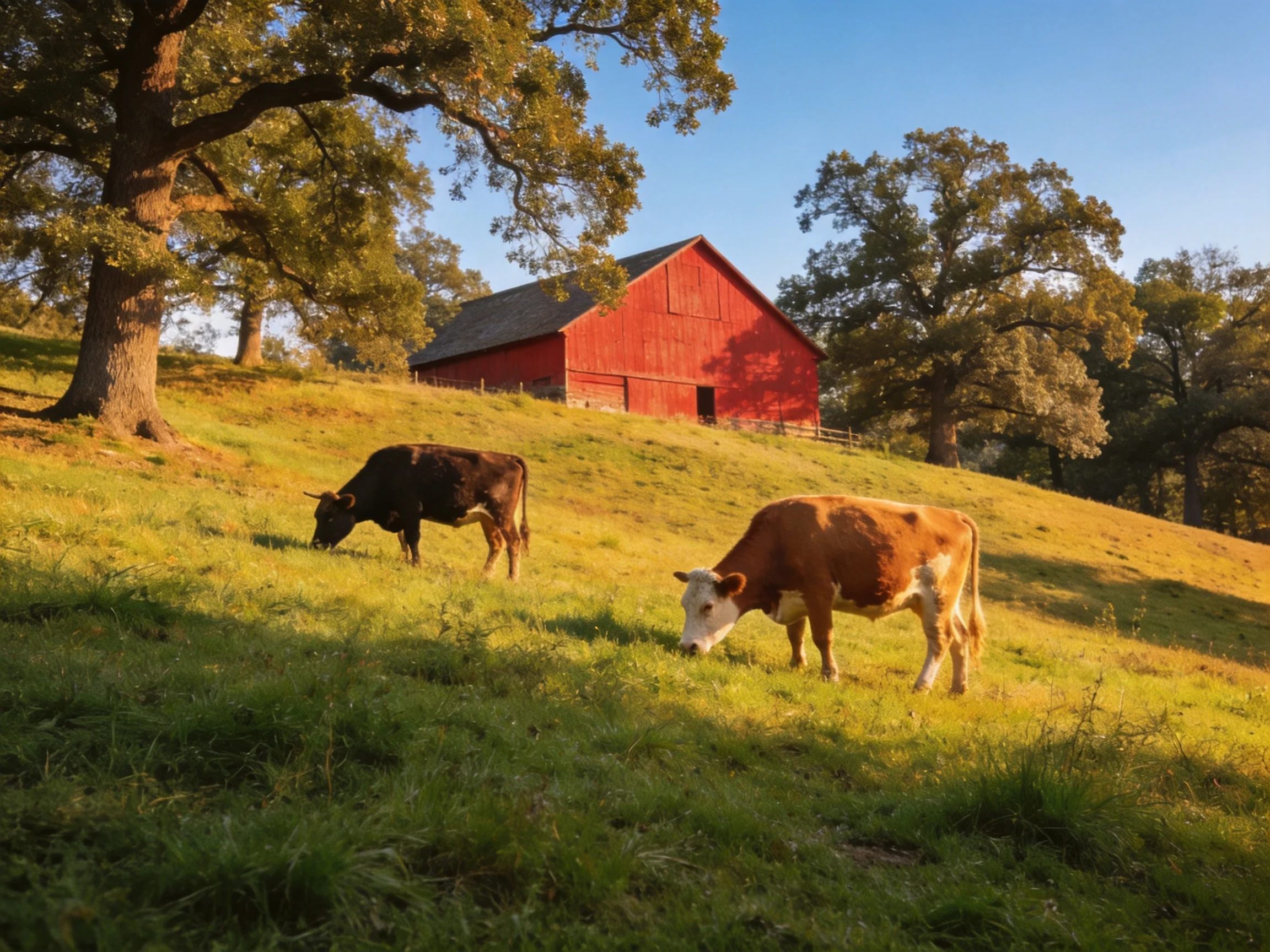 Two cows graze on a sunlit grassy hill beside a red barn.