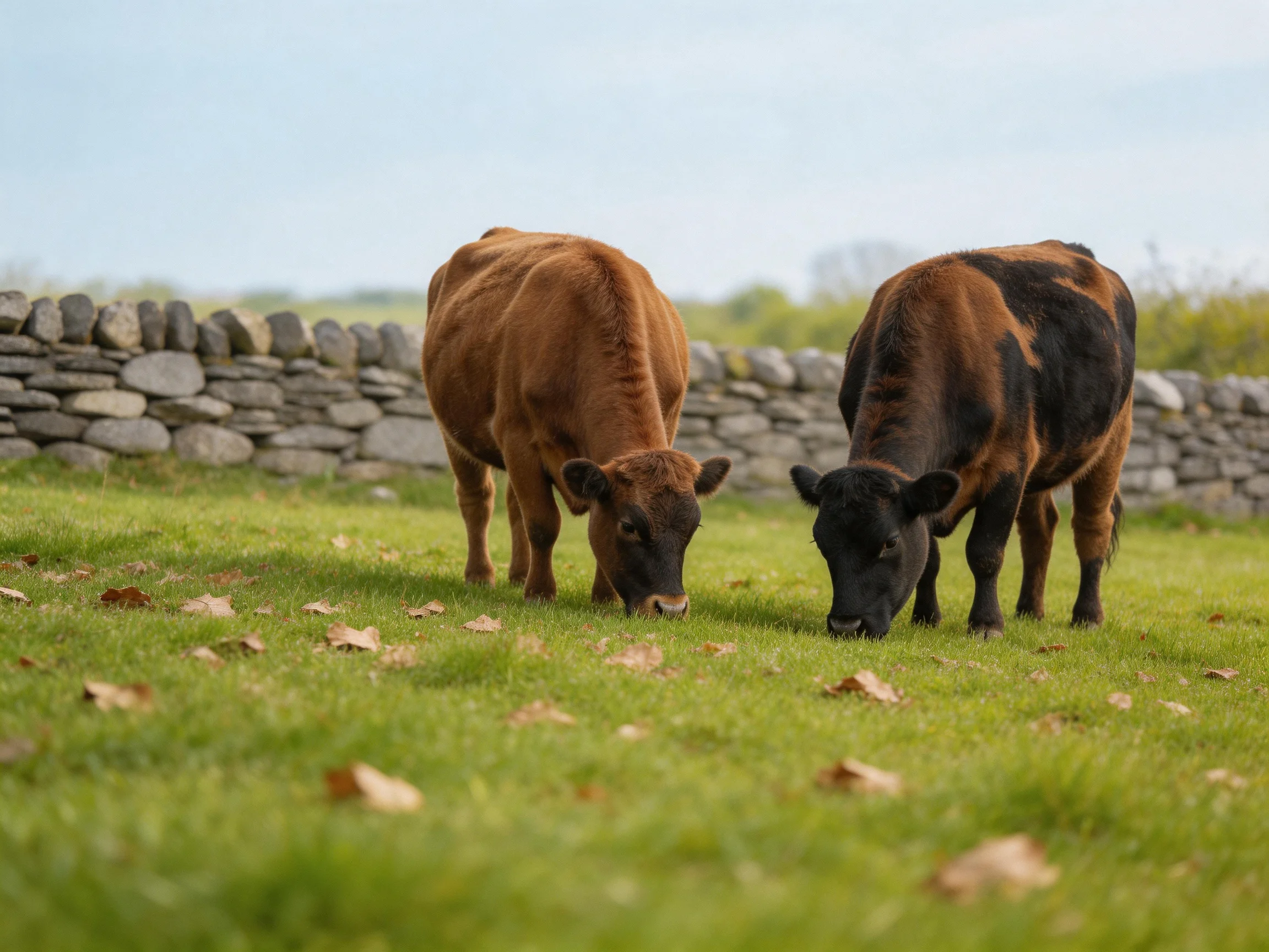 Two cows graze near a stone wall in a green pasture