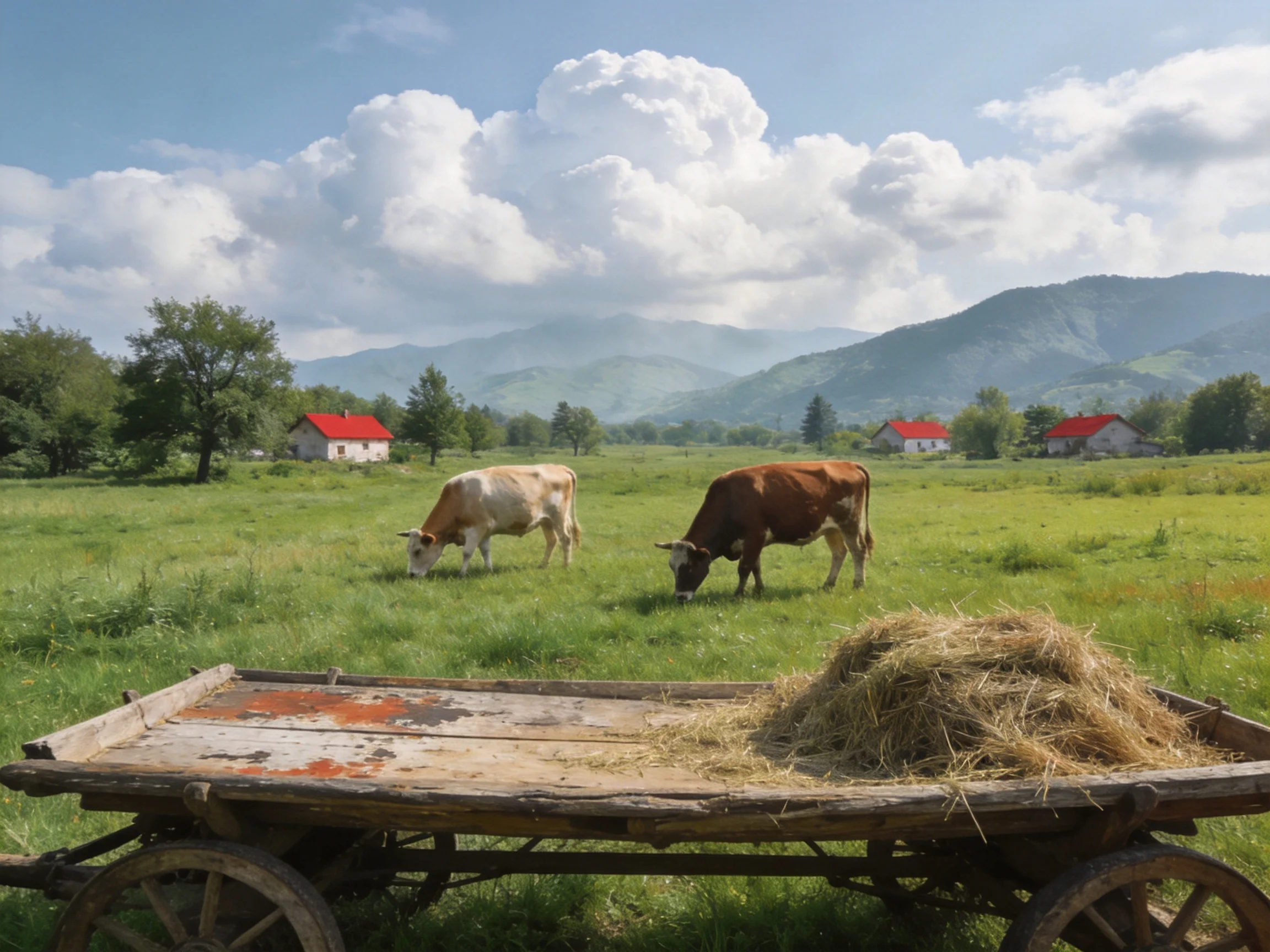 Two cows graze near an old wooden cart with hay in a green meadow