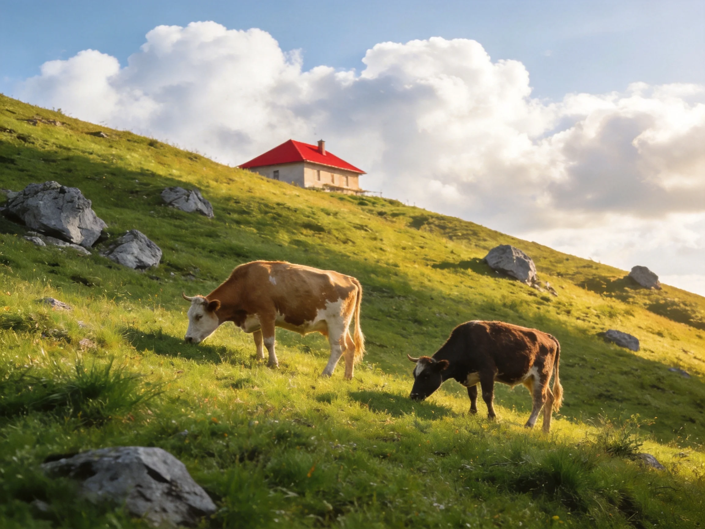 Two cows graze on a lush green hillside near a red-roofed house
