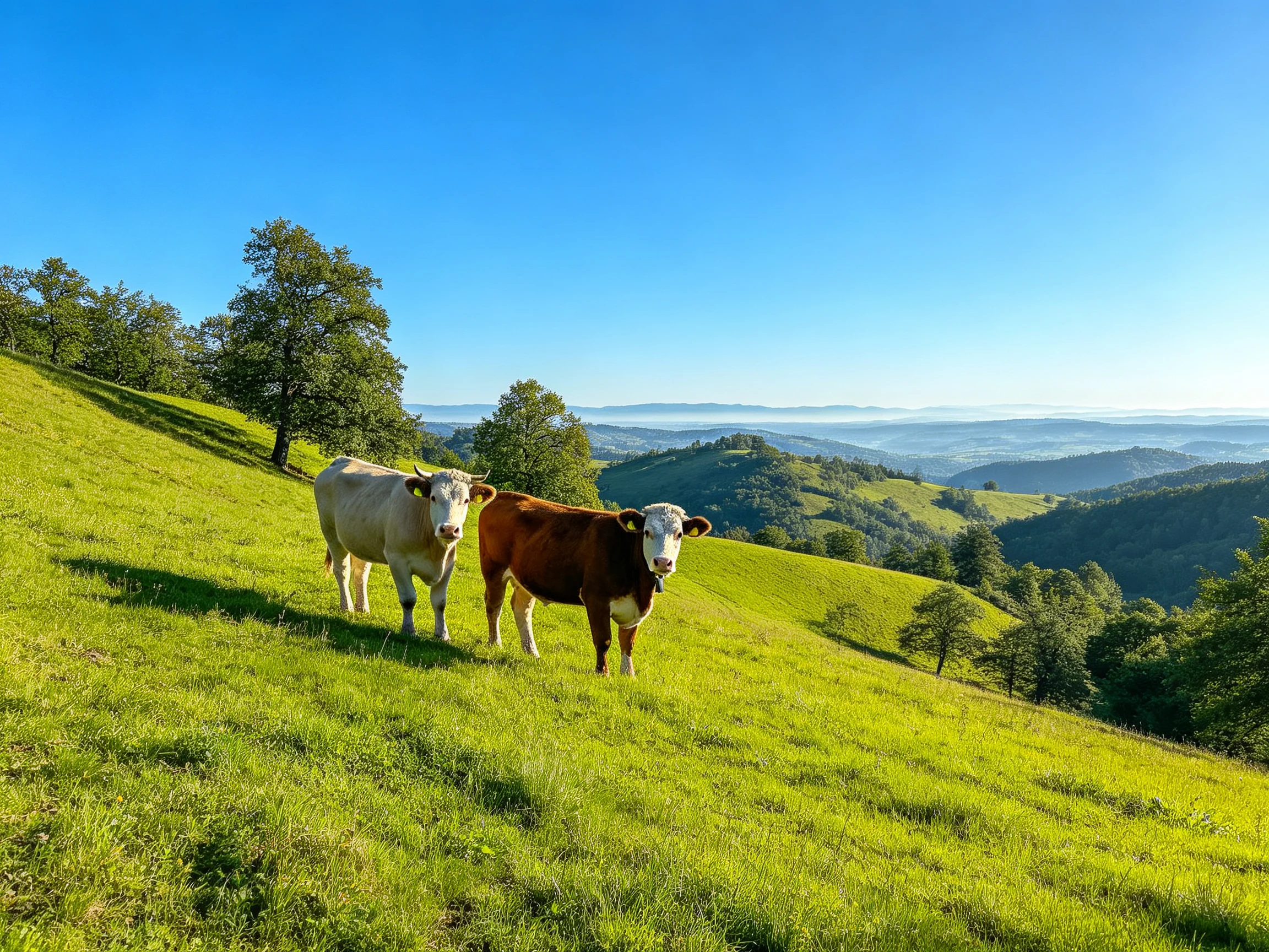 Two cows graze on a lush green hillside under a clear blue sky