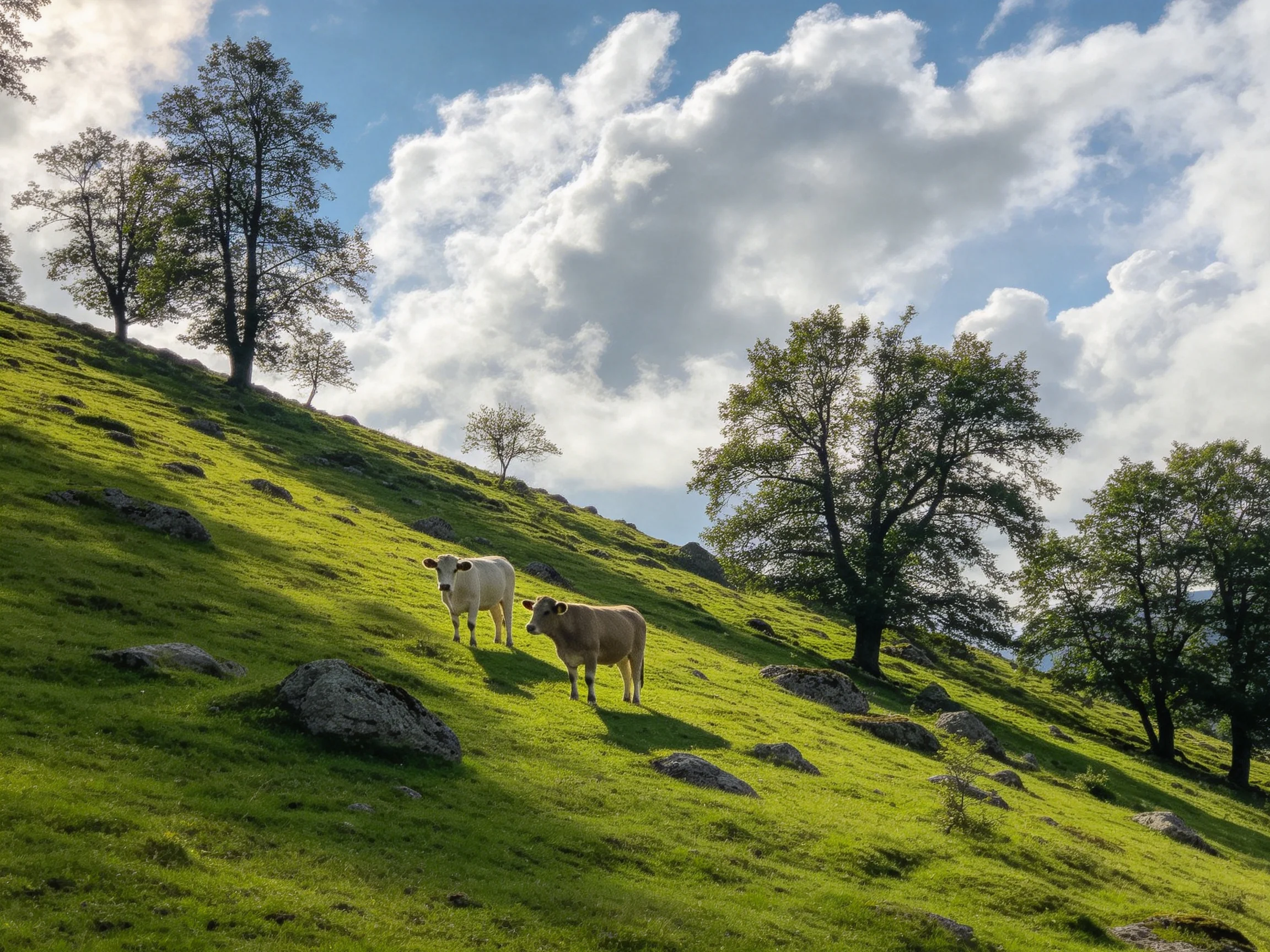 Two cows graze on a lush green hillside with scattered rocks and tall trees
