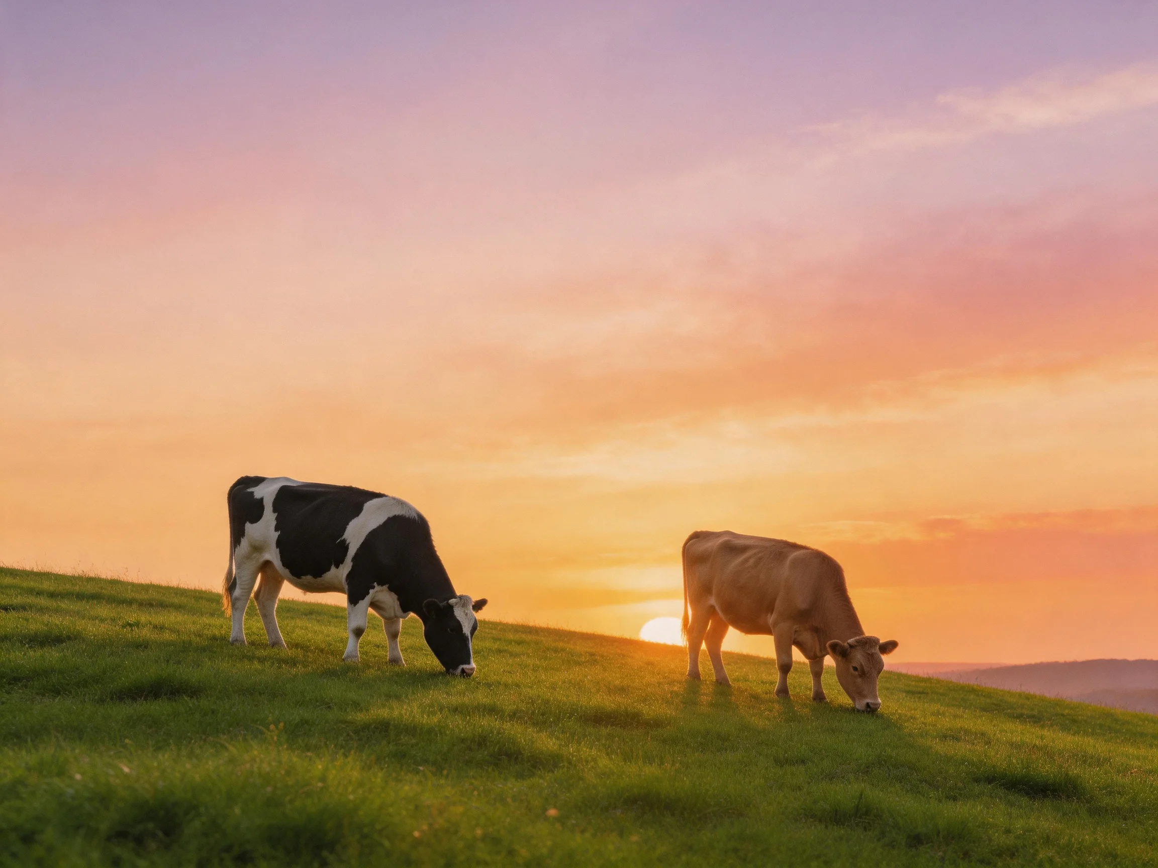 Two cows graze on a lush hillside under a colorful sunset sky